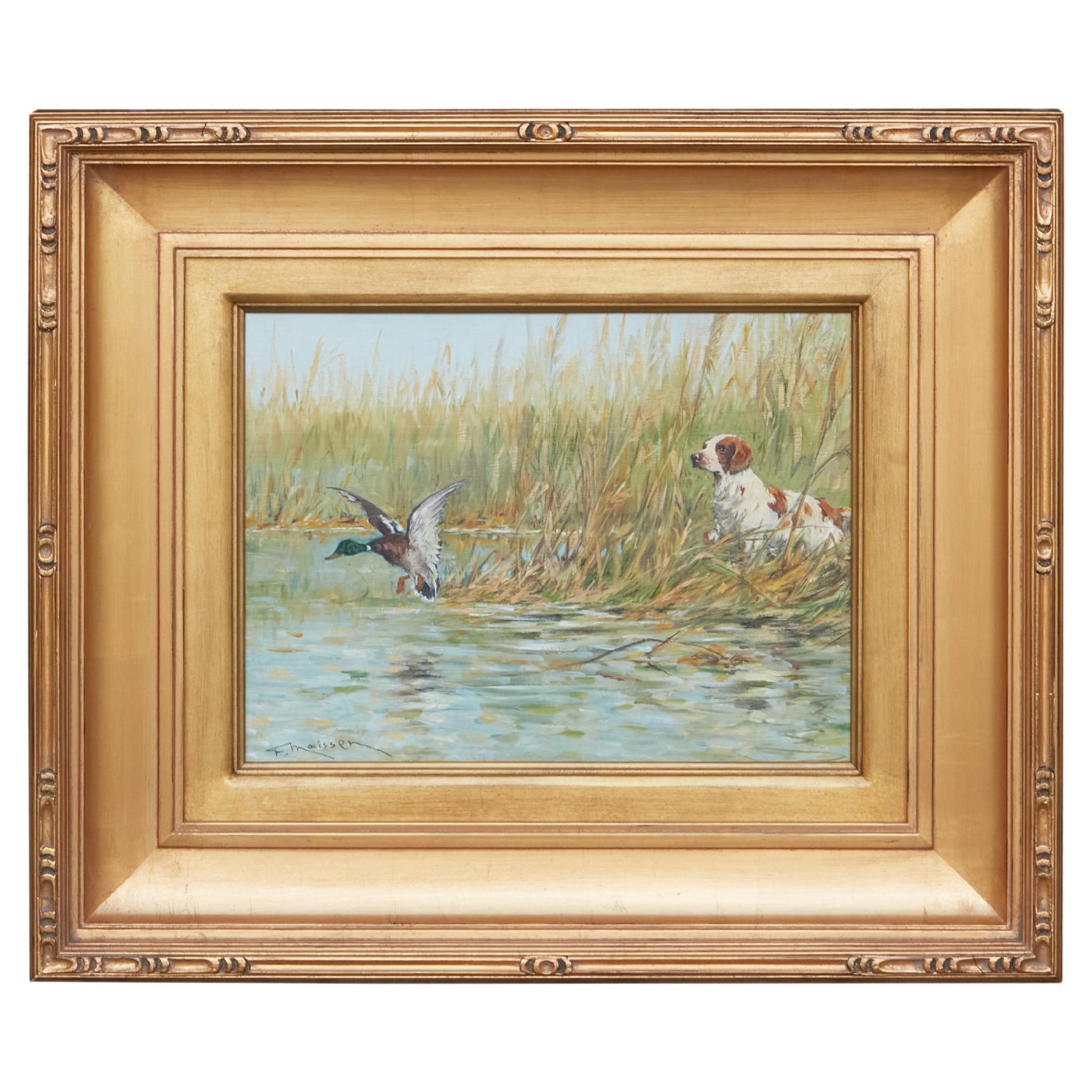 Fernand Maissen Oil on Panel Painting Depicting a Setter Hunting a River Mallard