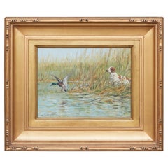 Antique Fernand Maissen Oil on Panel Painting Depicting a Setter Hunting a River Mallard