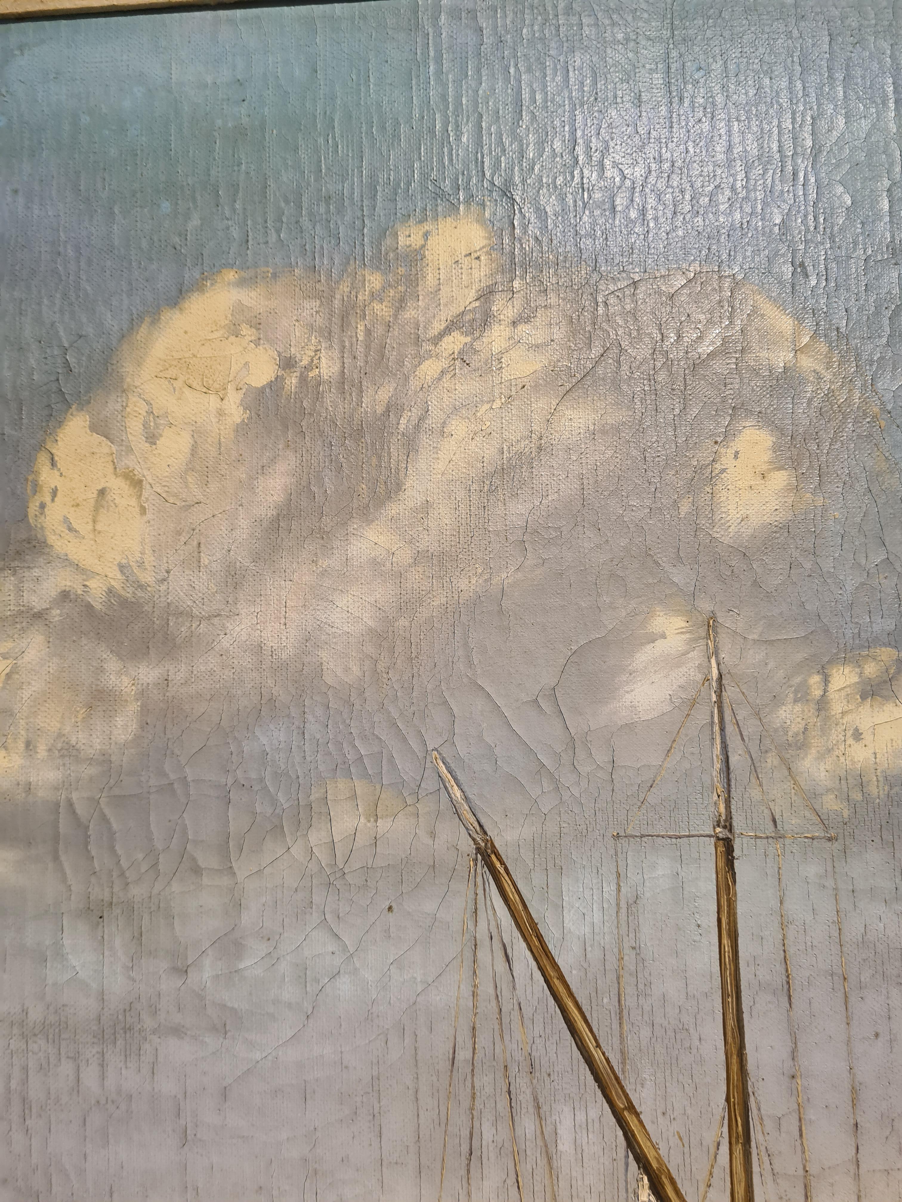 Barcos de vela en el mar, Capriccio marino muy grande e imponente, Óleo sobre lienzo en venta 5