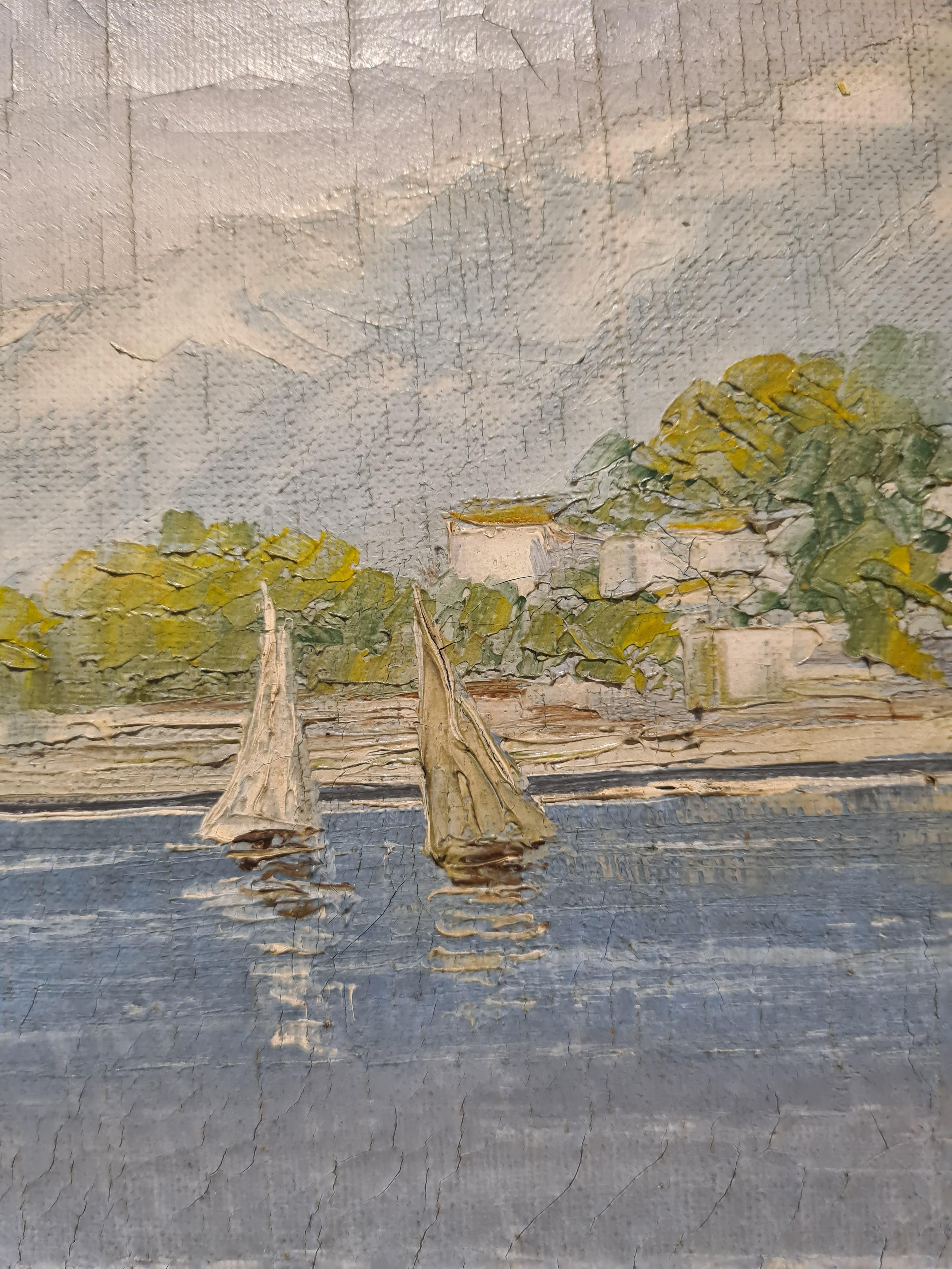 Barcos de vela en el mar, Capriccio marino muy grande e imponente, Óleo sobre lienzo en venta 6