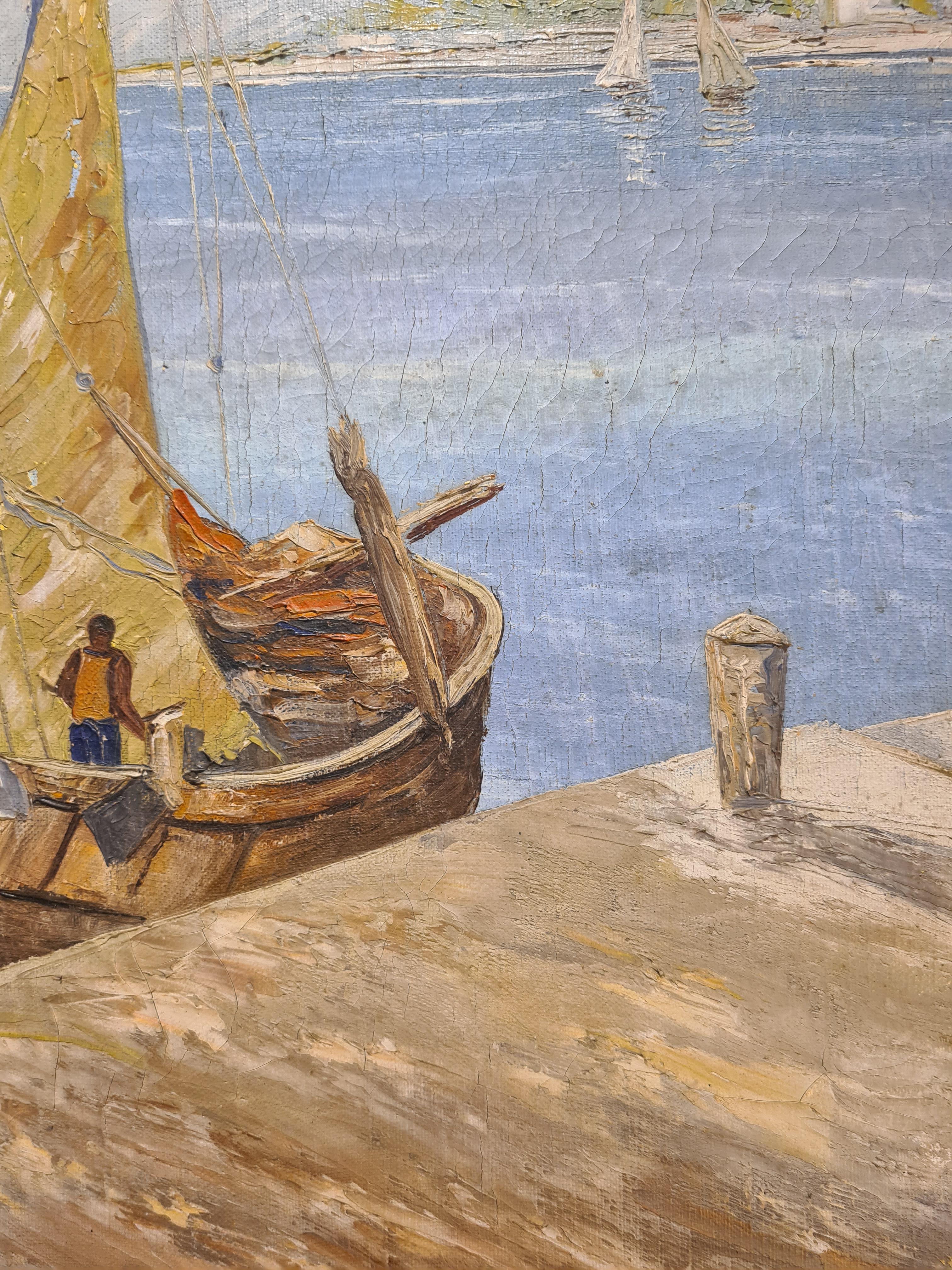 Barcos de vela en el mar, Capriccio marino muy grande e imponente, Óleo sobre lienzo en venta 7
