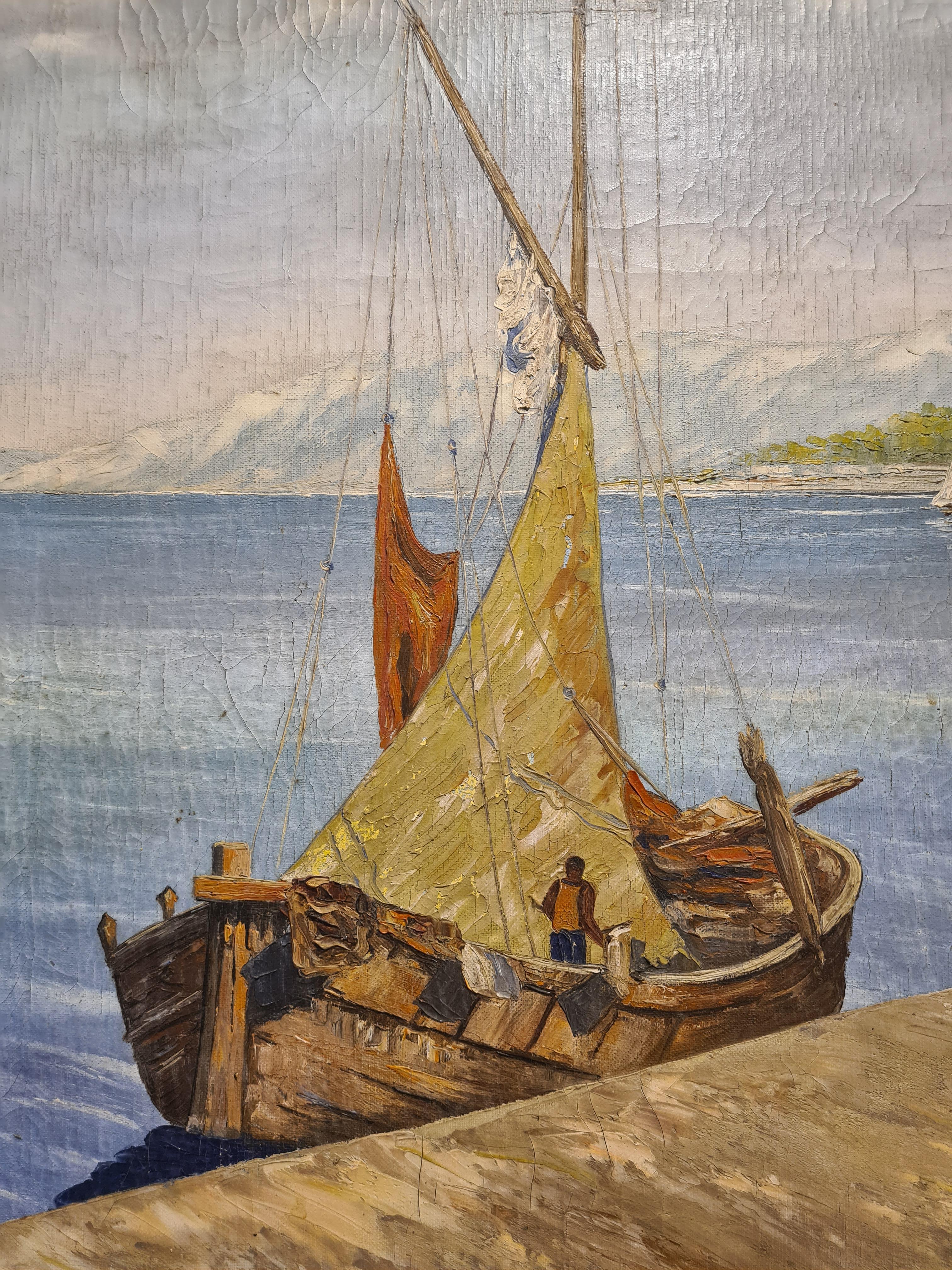 Óleo sobre lienzo a muy gran escala de una escena marina portuaria. El cuadro está firmado y fechado abajo a la izquierda Olio, 1941. La grafía del nombre de los artistas sugiere que eran daneses, noruegos o farnesios. Presentado en un fino marco de