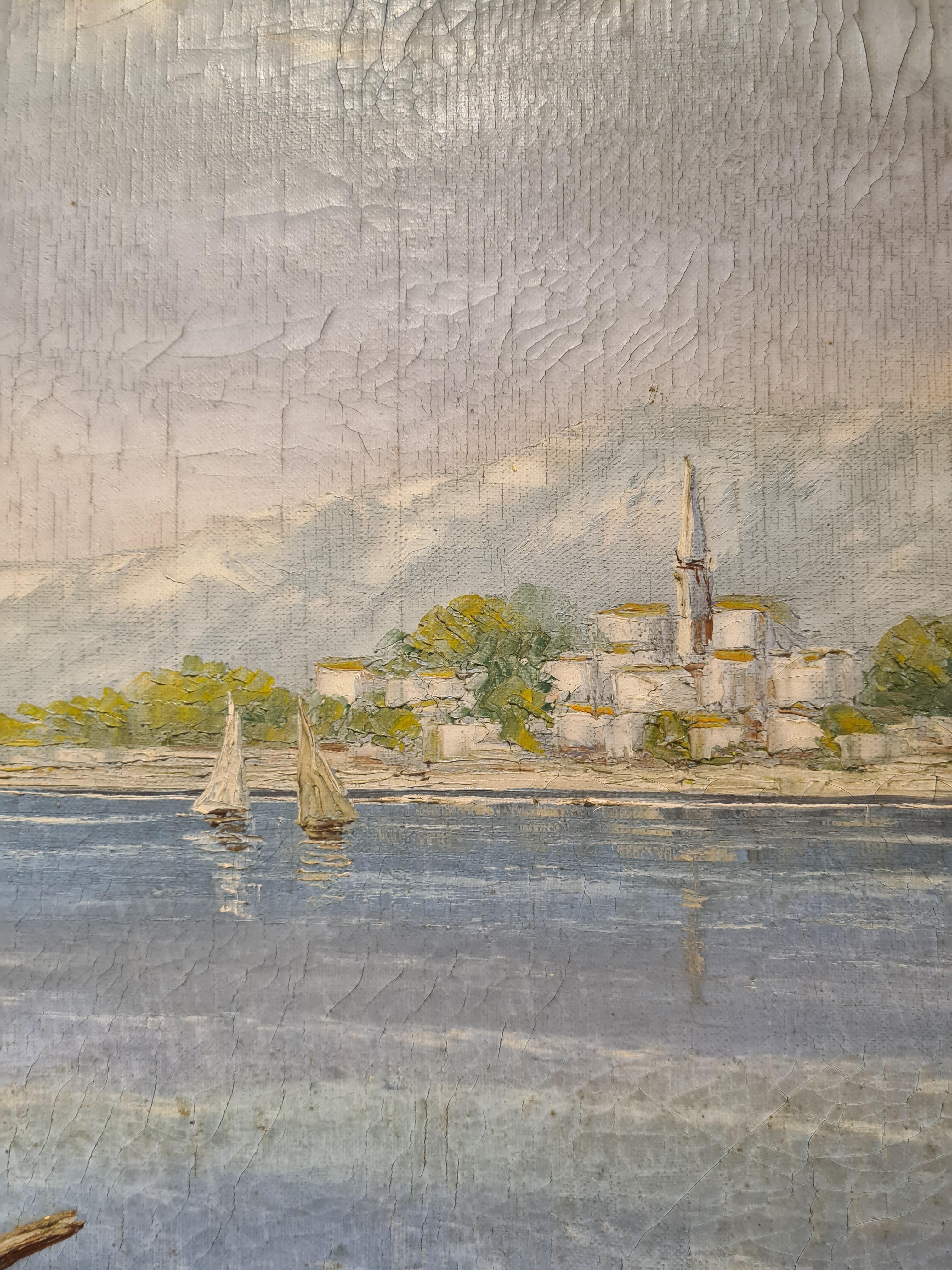 Barcos de vela en el mar, Capriccio marino muy grande e imponente, Óleo sobre lienzo en venta 1