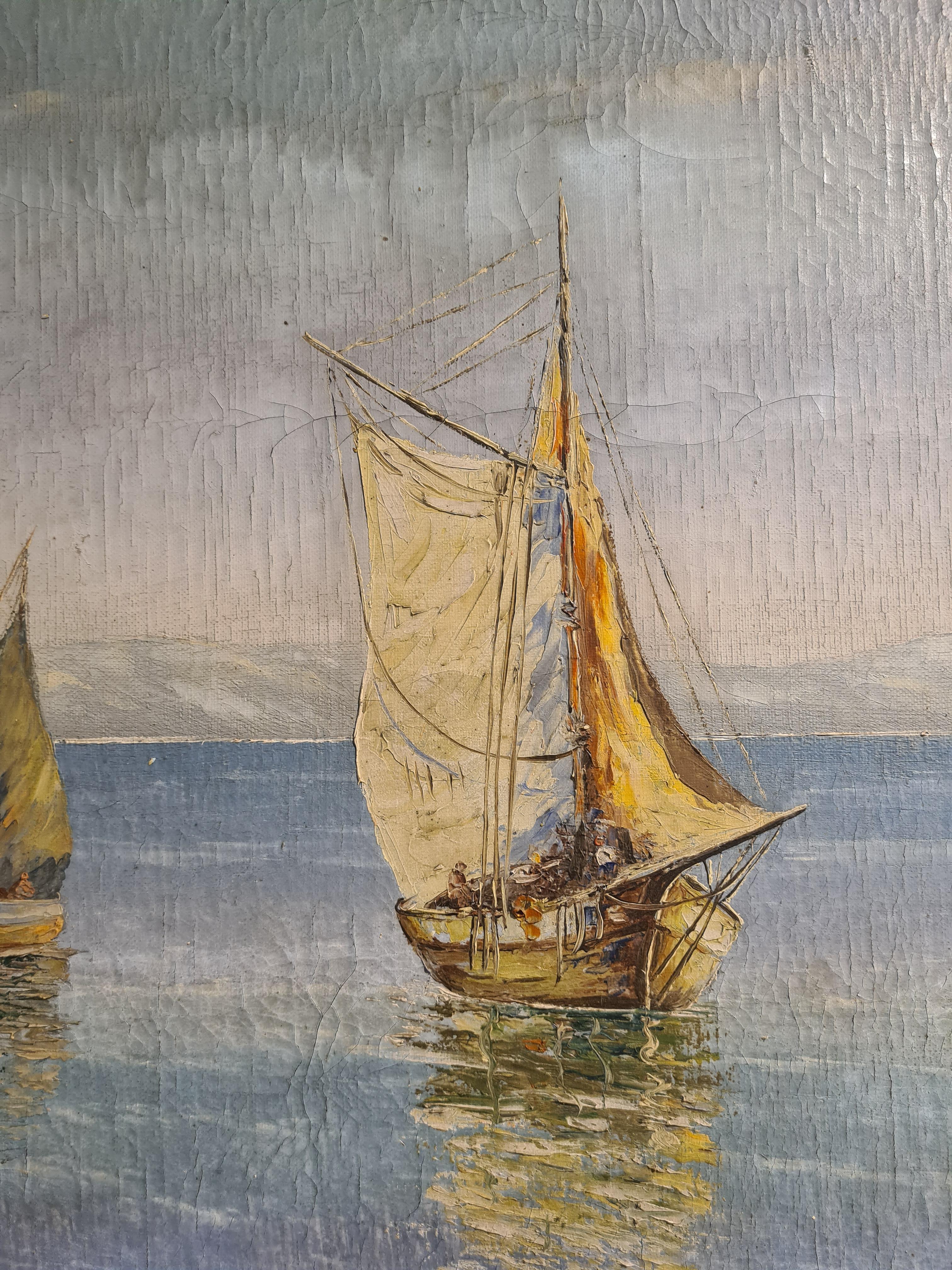 Barcos de vela en el mar, Capriccio marino muy grande e imponente, Óleo sobre lienzo en venta 2