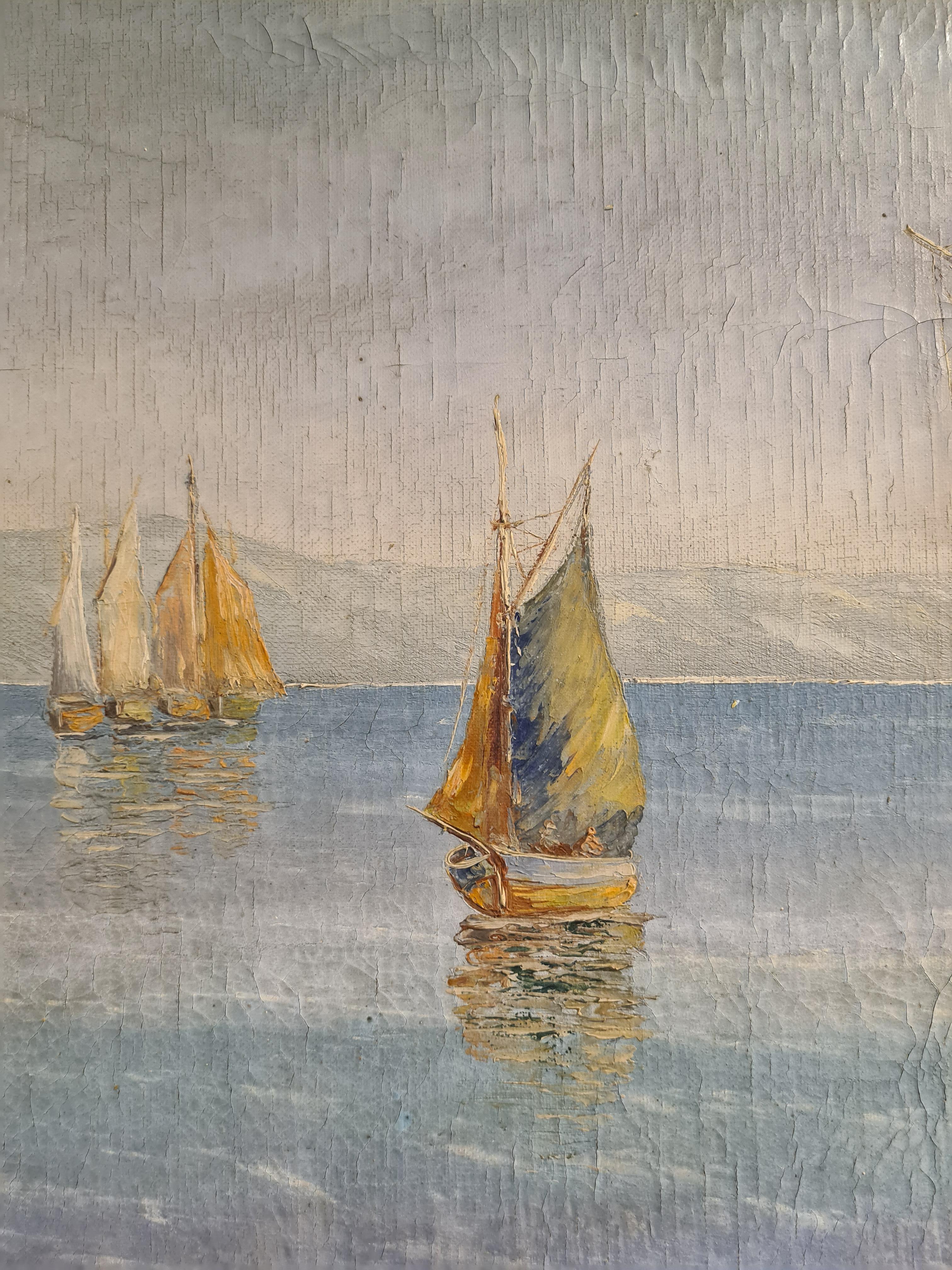 Barcos de vela en el mar, Capriccio marino muy grande e imponente, Óleo sobre lienzo en venta 3