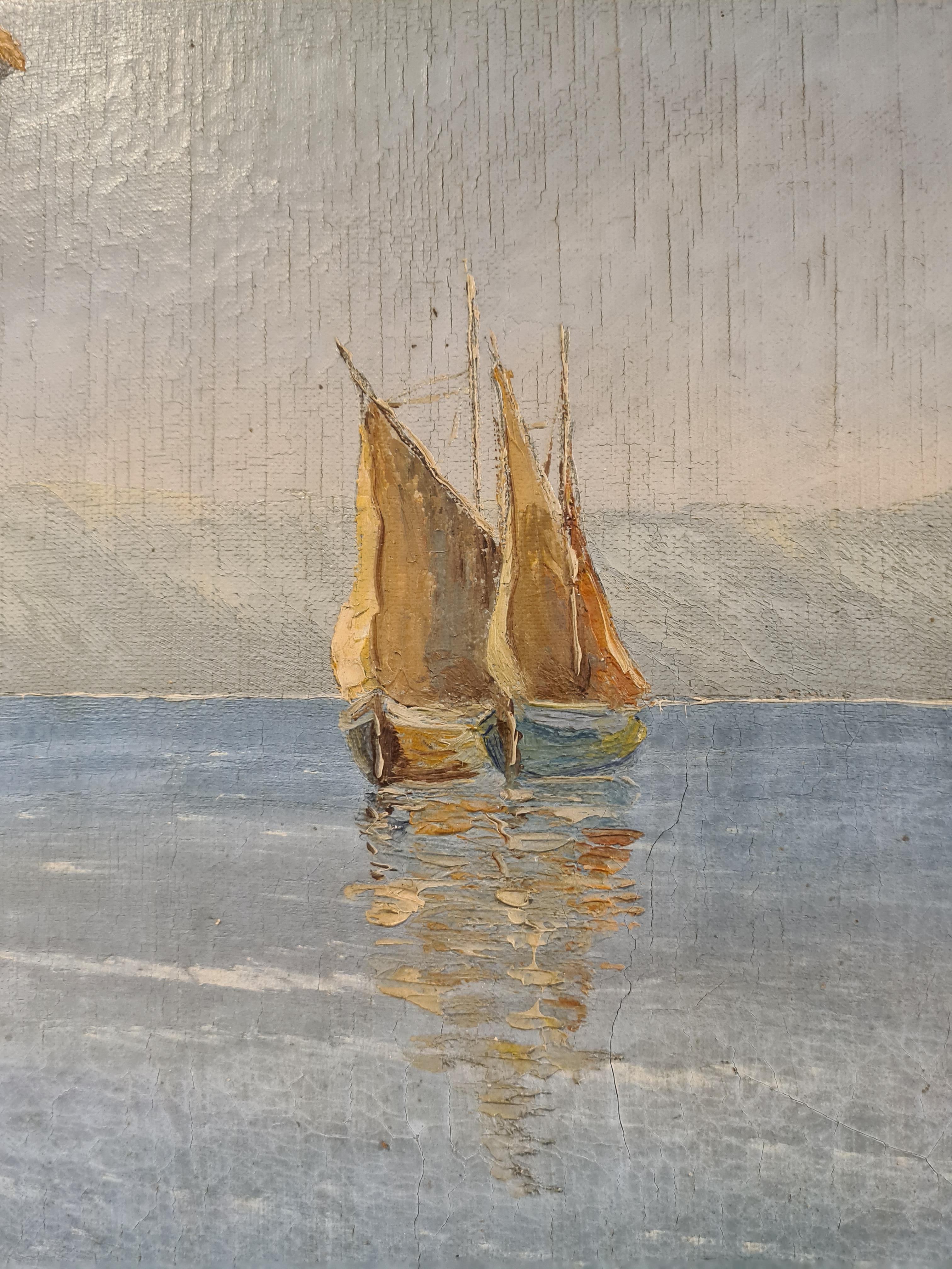 Barcos de vela en el mar, Capriccio marino muy grande e imponente, Óleo sobre lienzo en venta 4