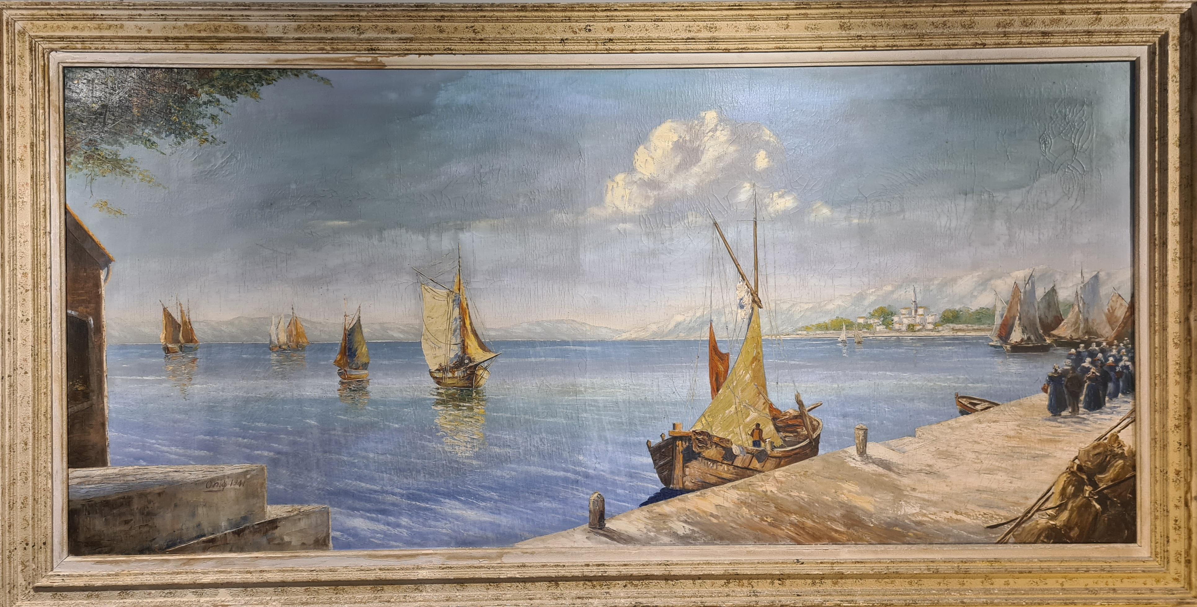 Figurative Painting de Fernand-Marie-Eugène Le Gout-Gérard - Barcos de vela en el mar, Capriccio marino muy grande e imponente, Óleo sobre lienzo