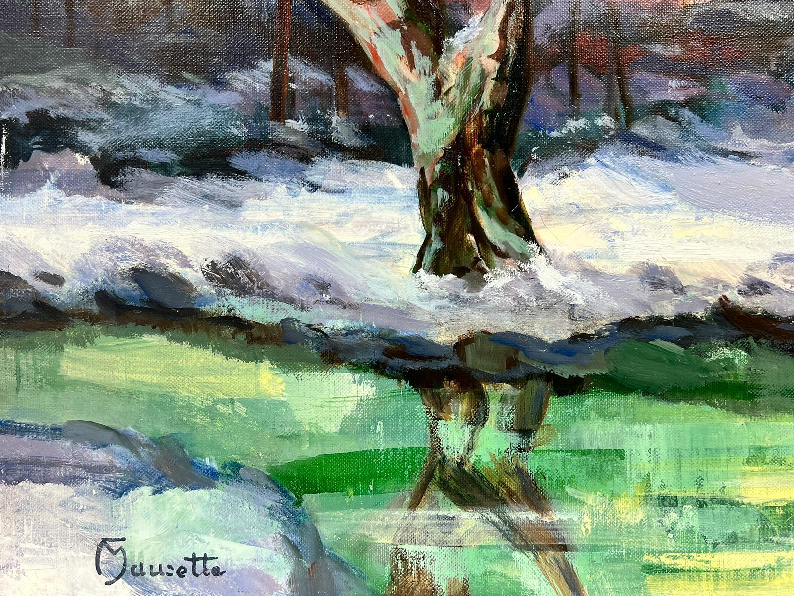 Signed French Post Impressionist Oil Winter Landscape with Snowy River - Painting by Fernand Maurette