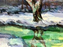 Paysage d'hiver à l'huile post-impressionniste français avec rivière des neiges, signé