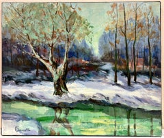 Vintage Signed French Post Impressionist Oil Winter Landscape with Snowy River