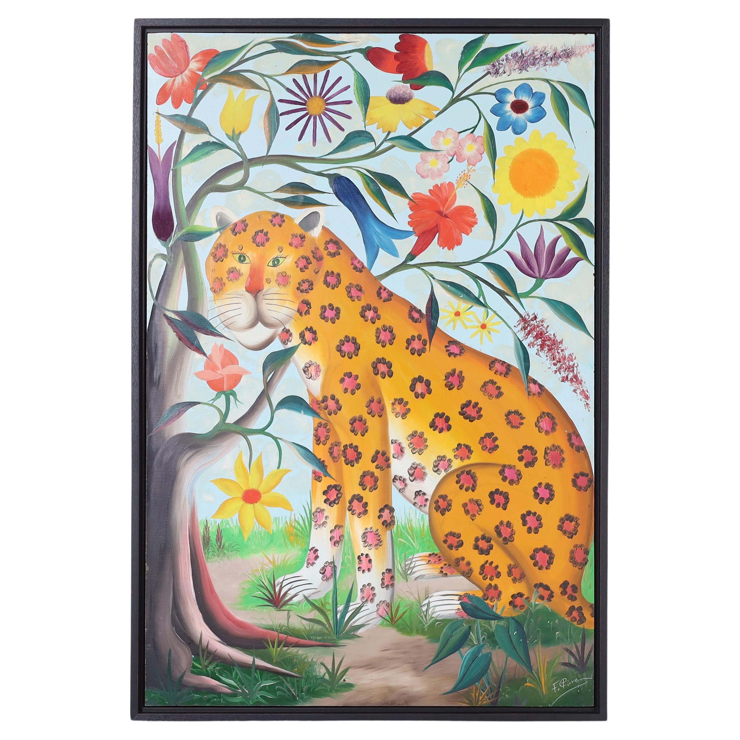 Fernand Pierre Mid Century Haitian Painting of a Leopard For Sale