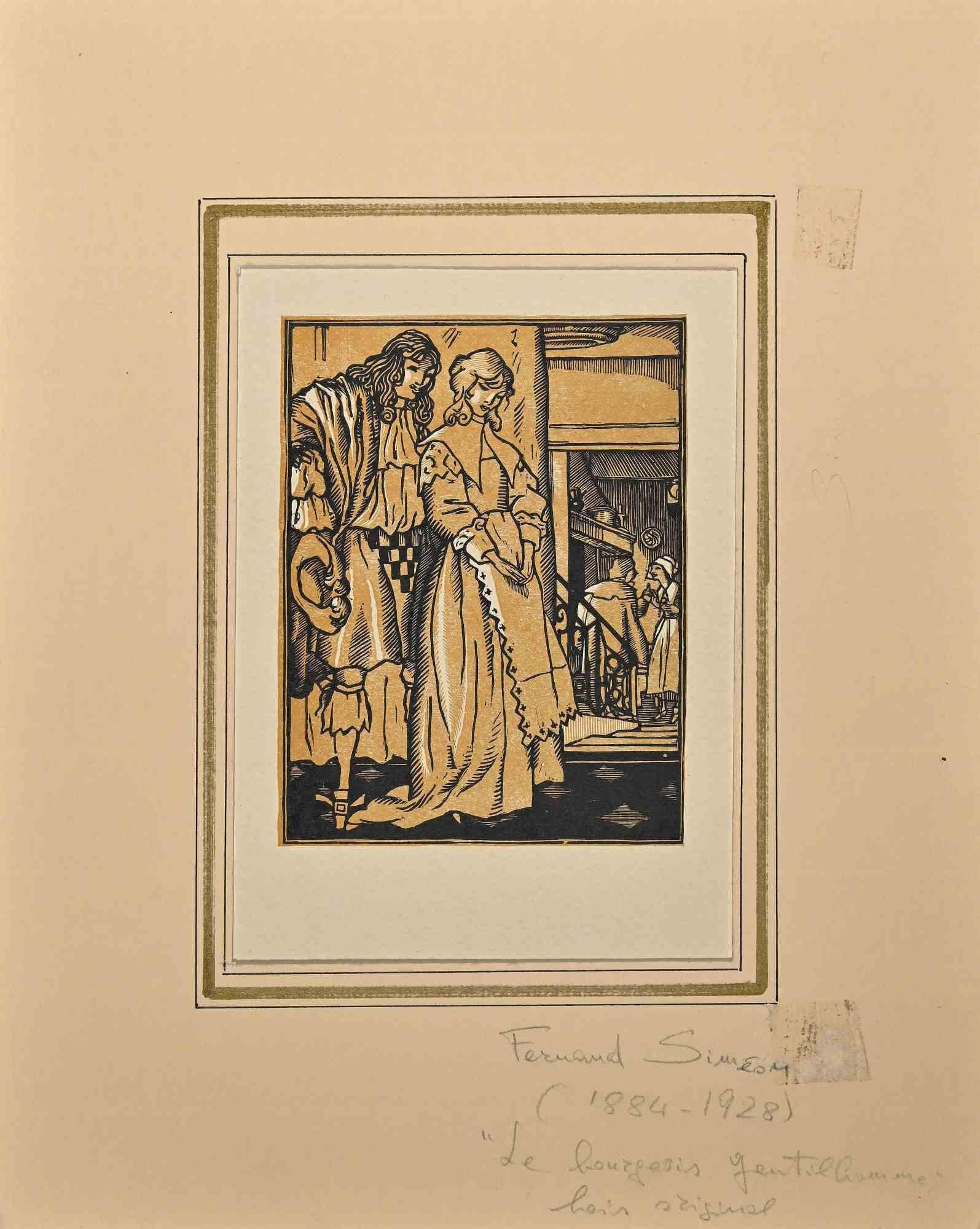 The Romance - Original Woodcut print by Fernand Siméon - Early 20th Century - Print by Fernand Simeon