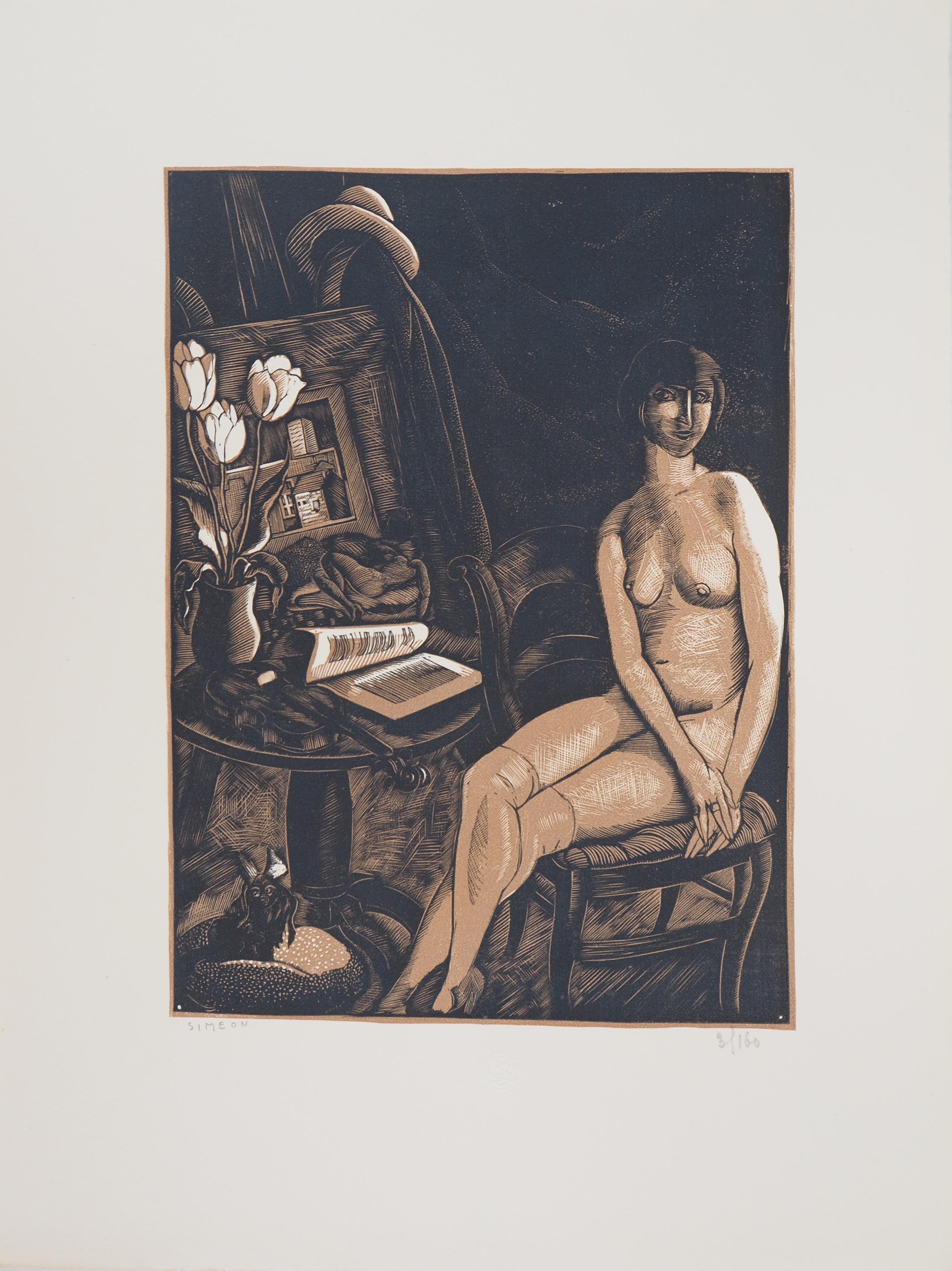 Nude Model Reading with Her Dog - Original wooodcut, Handsigned & numbered /160 - Print by Fernand SIMEON 