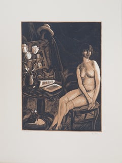 Nude Model Reading with Her Dog - Original wooodcut, Handsigned & numbered /160