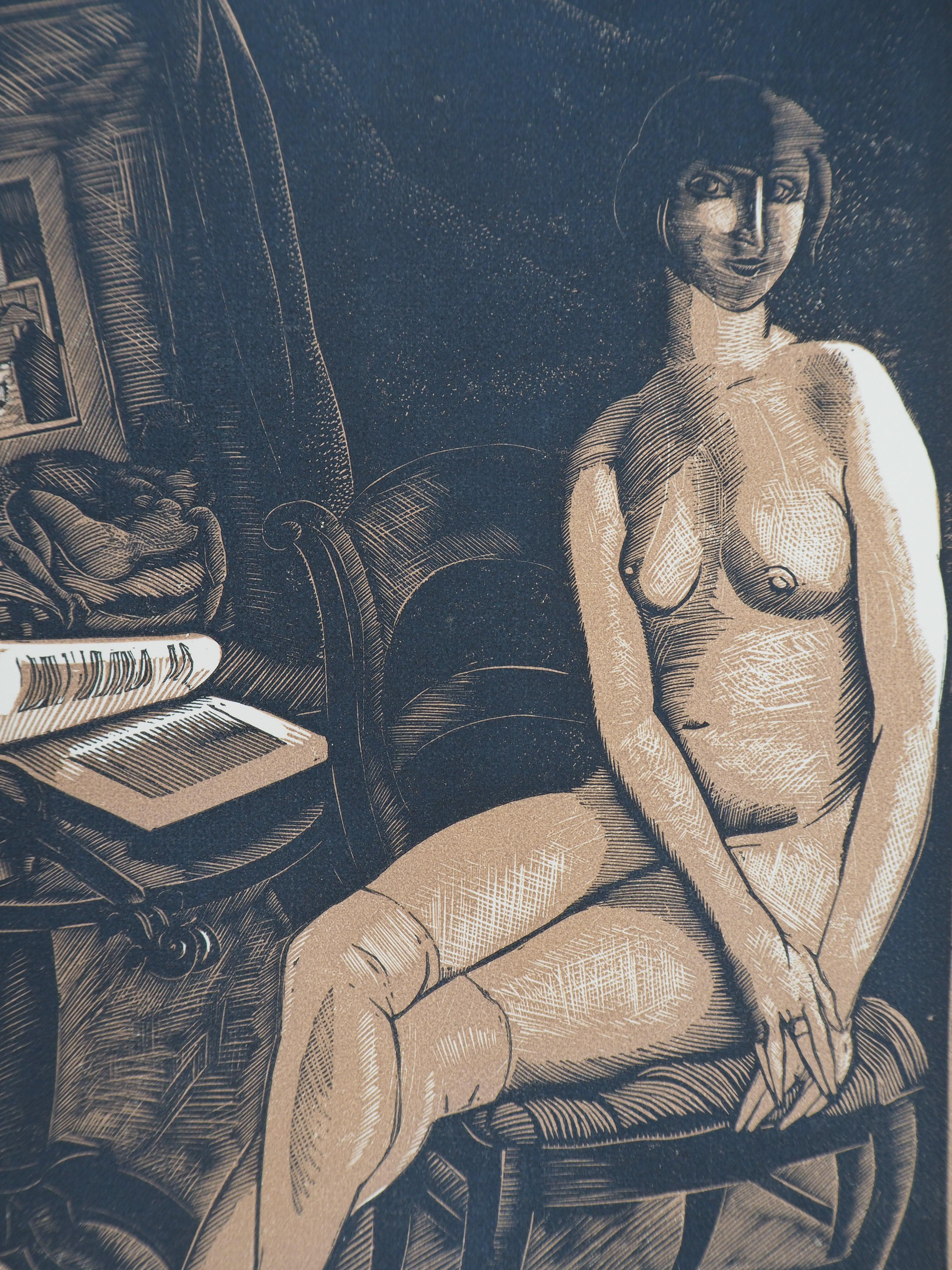 Nude Model Reading with Her Dog - Original wooodcut, Handsigned & numbered /160 - Modern Print by Fernand SIMEON 