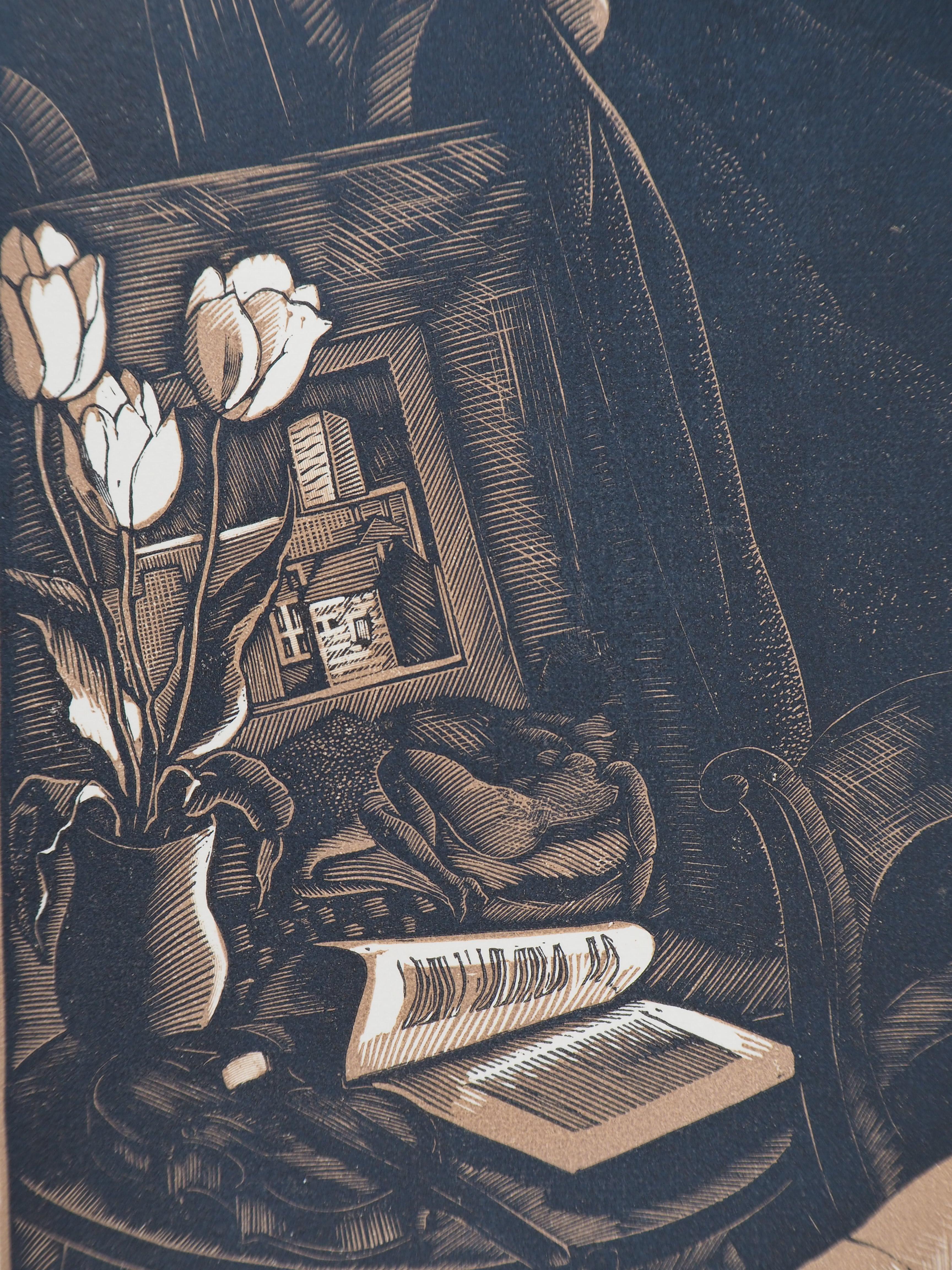 Nude Model Reading with Her Dog - Original wooodcut, Handsigned & numbered /160 - Gray Figurative Print by Fernand SIMEON 