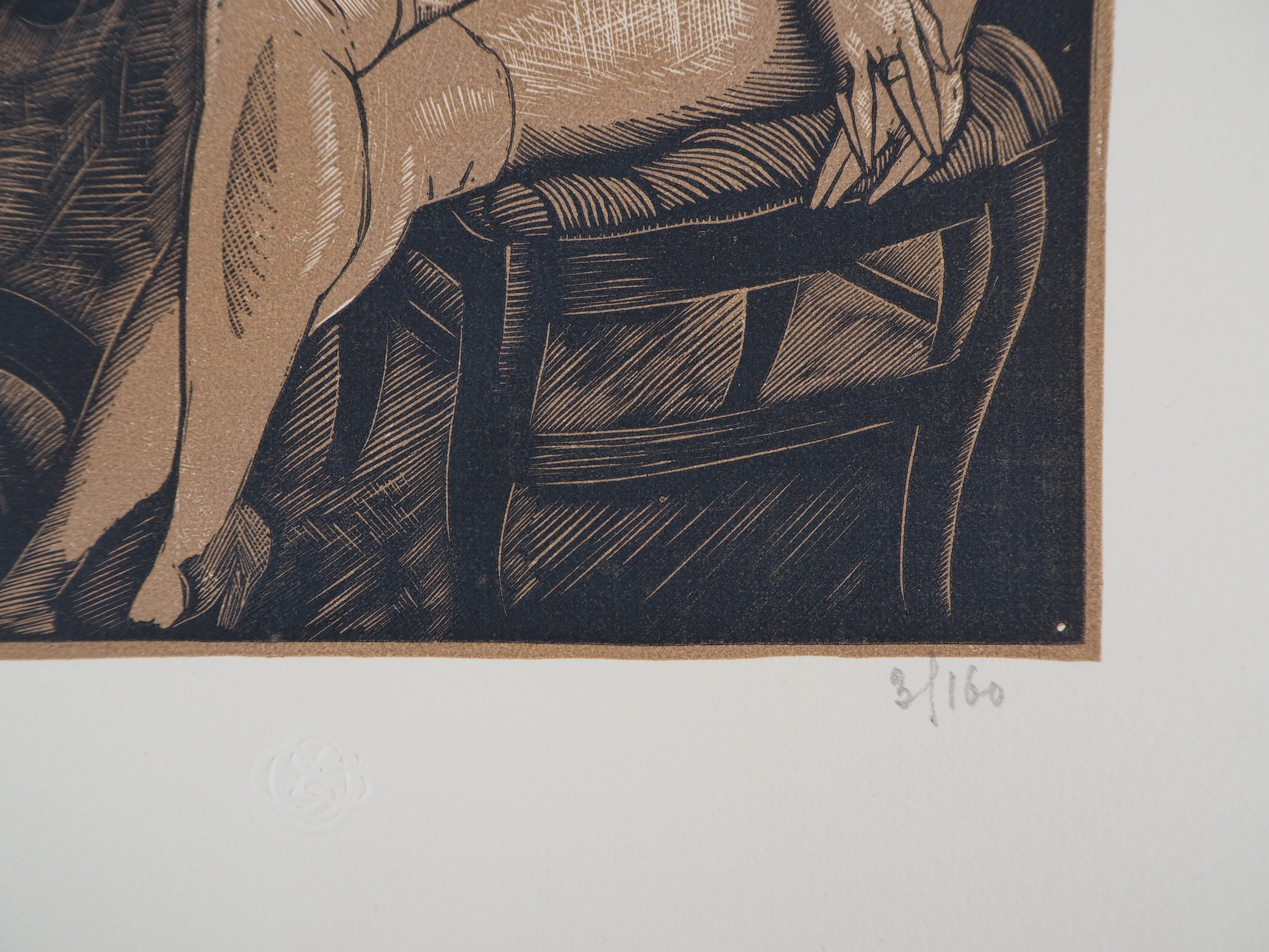 Nude Model Reading with Her Dog - Original wooodcut, Handsigned & numbered /160 For Sale 1
