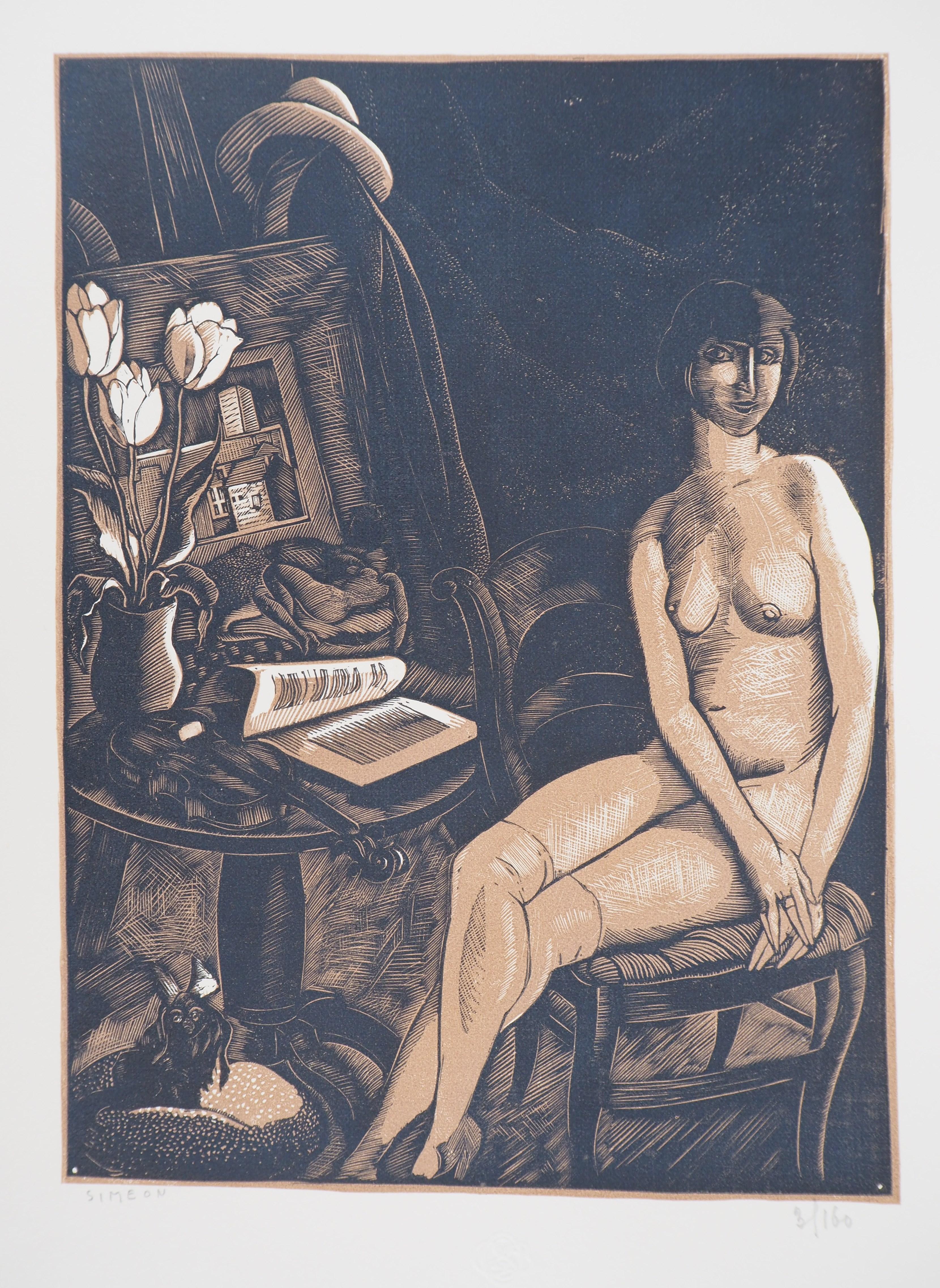 Fernand SIMEON  Figurative Print - Nude Model Reading with Her Dog - Original wooodcut, Handsigned & numbered /160