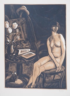 Nude Model Reading with Her Dog - Original wooodcut, Handsigned & numbered /160