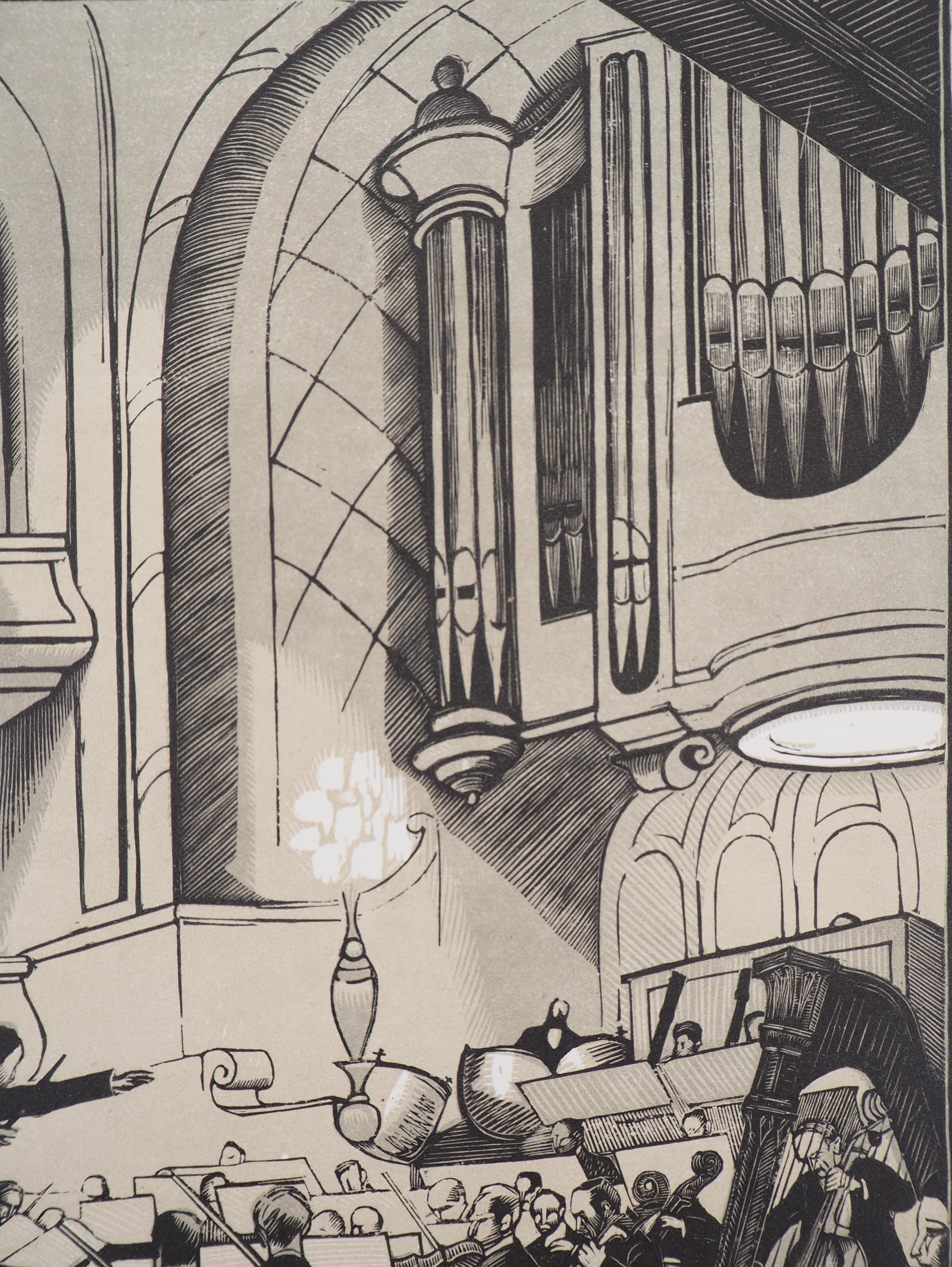 Konzert: Der Dirigent - Original-Holzschnitt, handsigniert (Art déco), Print, von Fernand Siméon