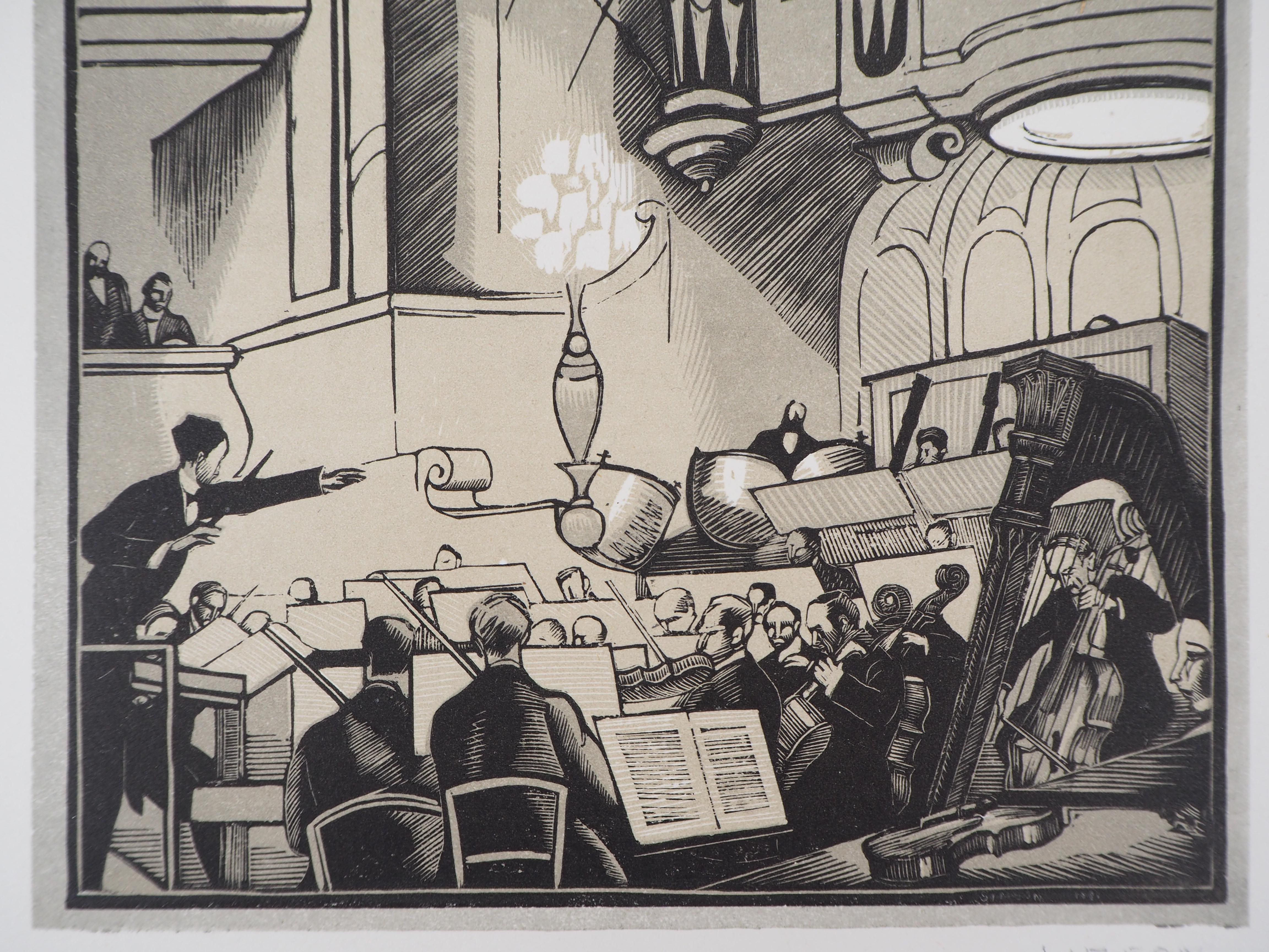 Konzert: Der Dirigent - Original-Holzschnitt, handsigniert (Grau), Interior Print, von Fernand Siméon