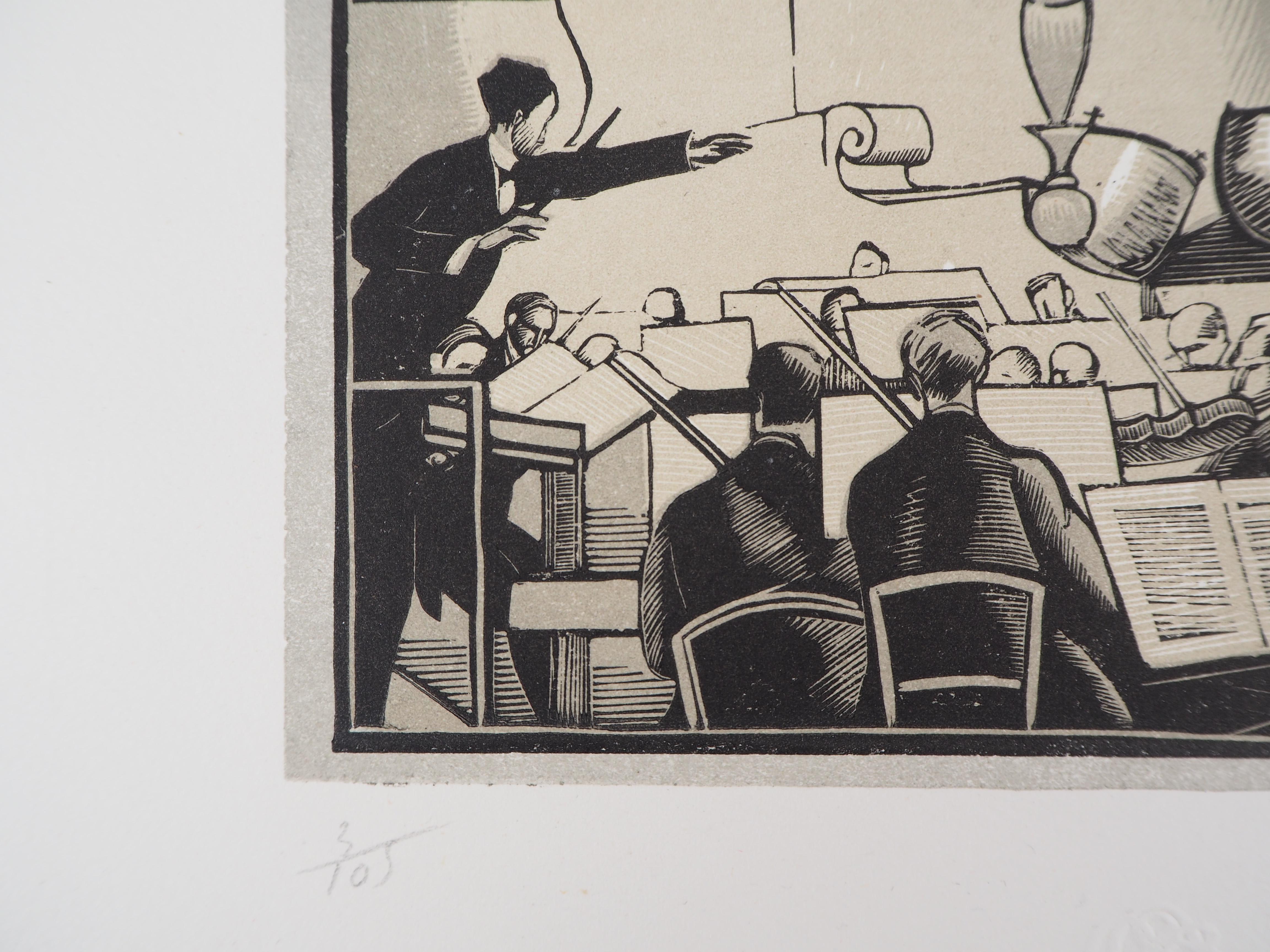 Fernand SIMEON (1869-1931)
Konzert: Der Dirigent, 1920

Original Holzschnitt
Handsigniert mit Bleistift
Nummeriert /160
Auf Vellum 32,5 x 25,5 cm (ca. 13 x 10 Zoll)
Trägt den Blindstempel des Herausgebers 'Imagier de la Gravure sur Bois' (Lugt