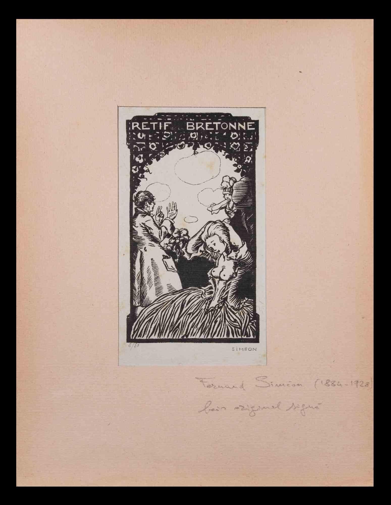 Retif de la Bretonne - Original Woodcut by Fernand Siméon - Early 20th Century For Sale 1