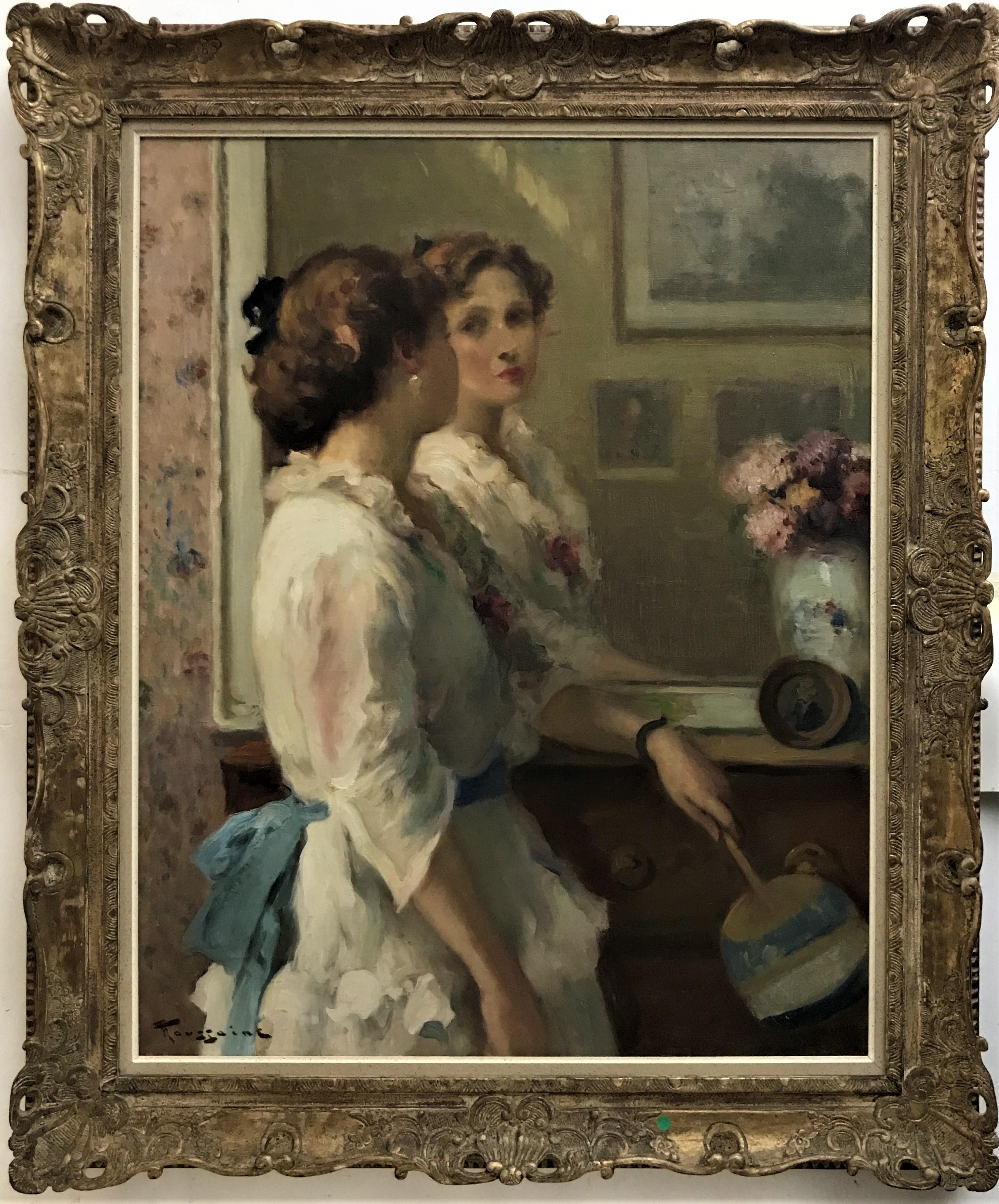 In Front of the Mirror, Original Oil on Canvas portrait Post-Impressionist 20thC - Painting by Fernand Toussaint