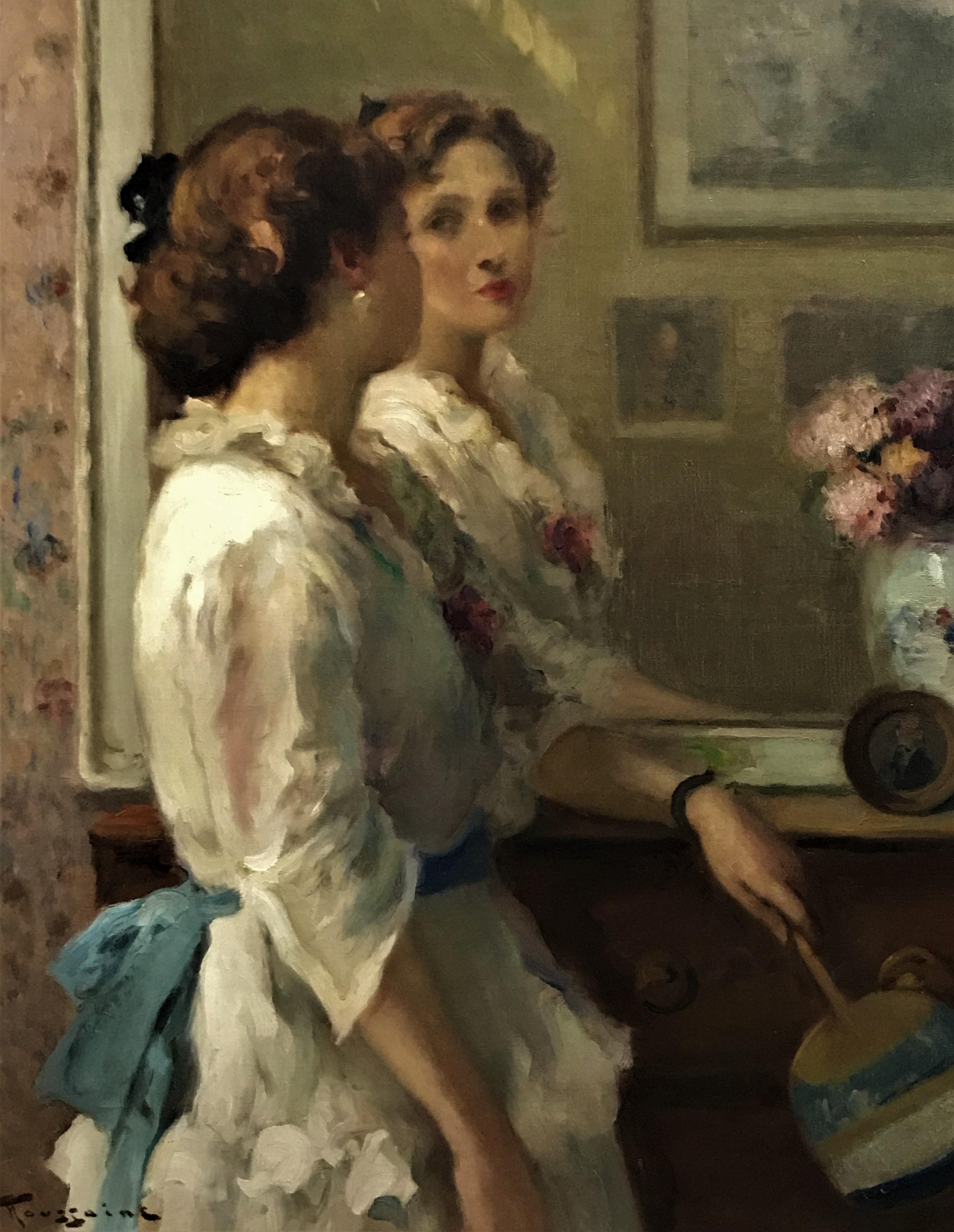 Fernand Toussaint Portrait Painting - In Front of the Mirror, Original Oil on Canvas portrait Post-Impressionist 20thC