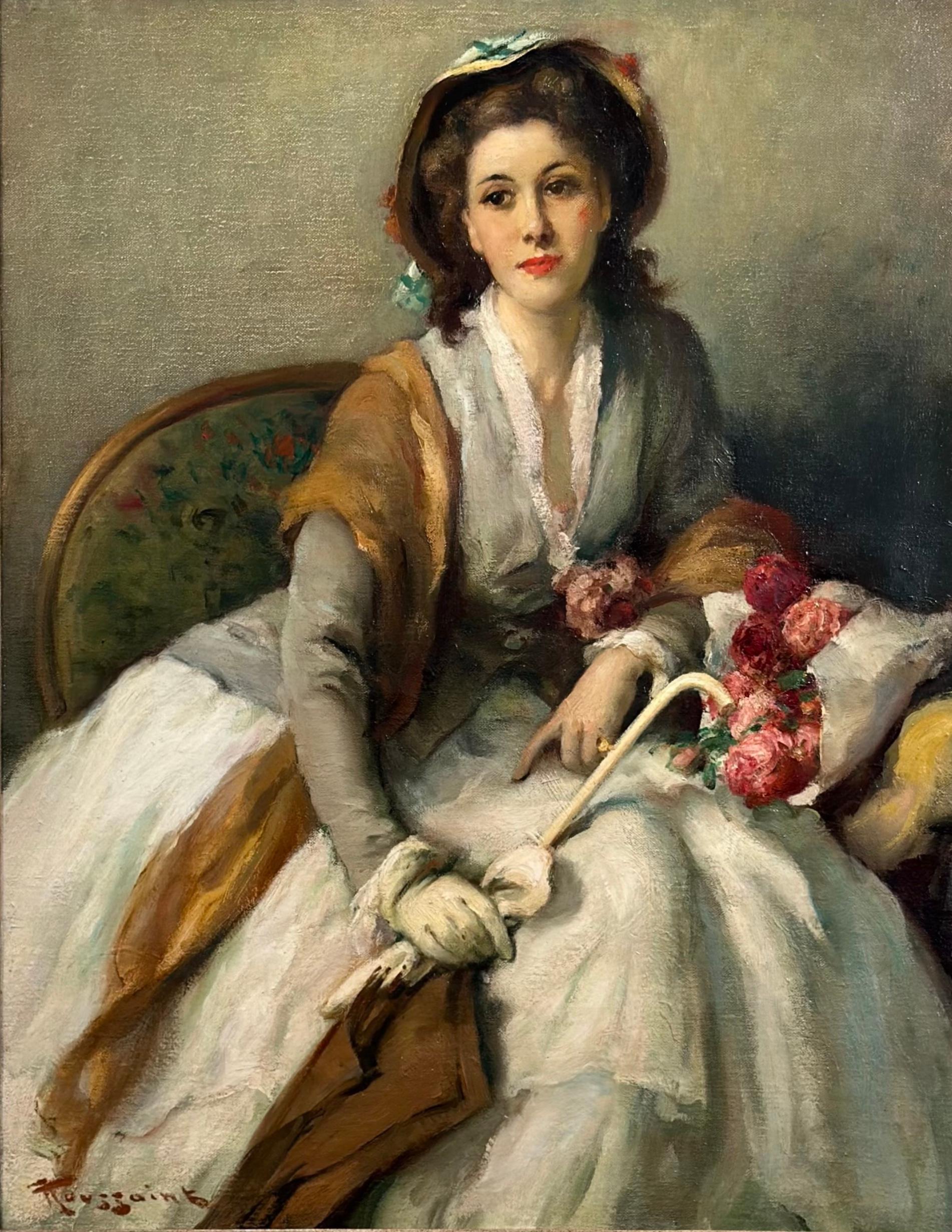 Portrait Painting di Fernand Toussaint - Ritratto di una donna elegante vestita in abiti del XVIII secolo