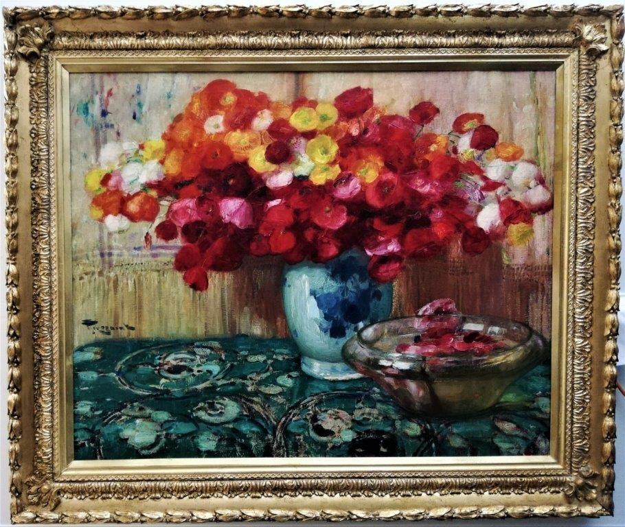 Fernand Toussaint Still-Life Painting - Still Life of Poppies in a Blue and White Vase, impressionist, oil on canvas