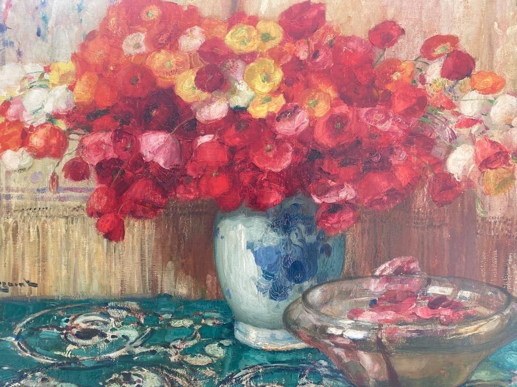 Still Life of Poppies in a Blue and White Vase, impressionist, oil on canvas - Painting by Fernand Toussaint