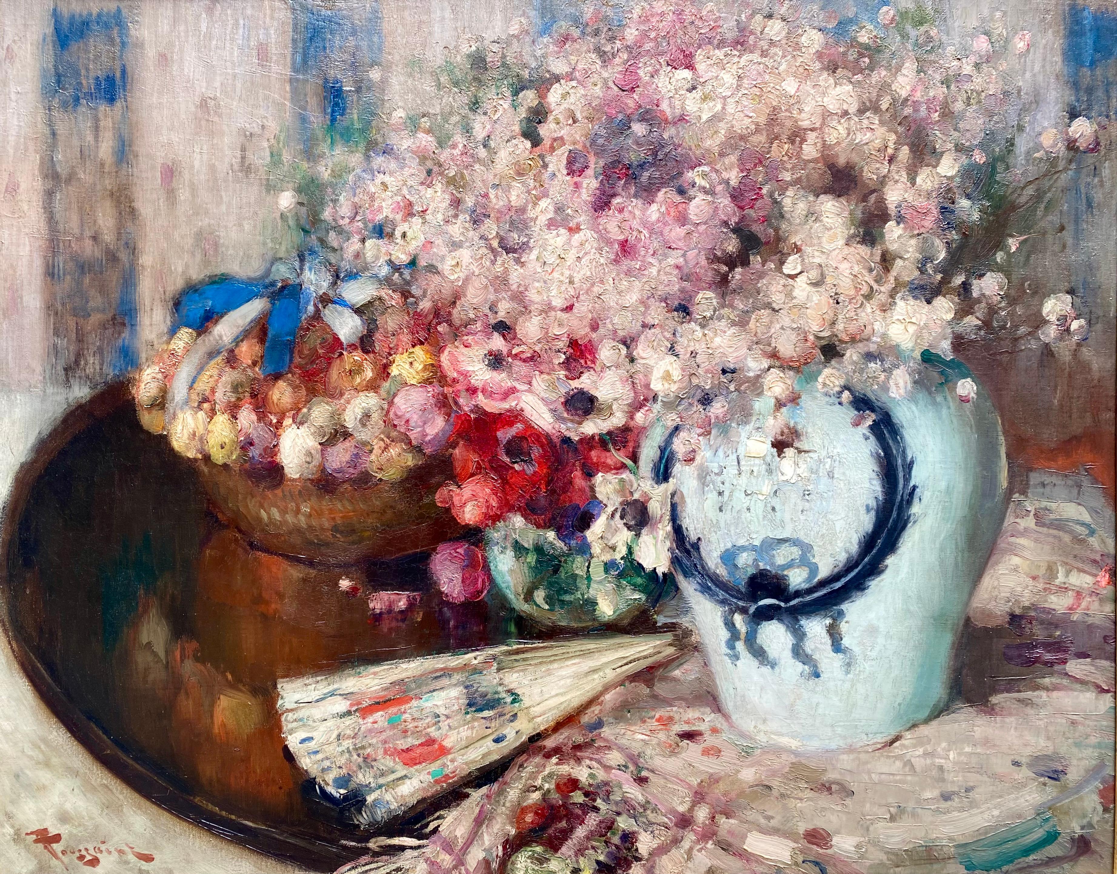 'Still Life with Flowers in a Vase and Fan' by Fernand Toussaint ( 1873 – 1956 ) For Sale 1