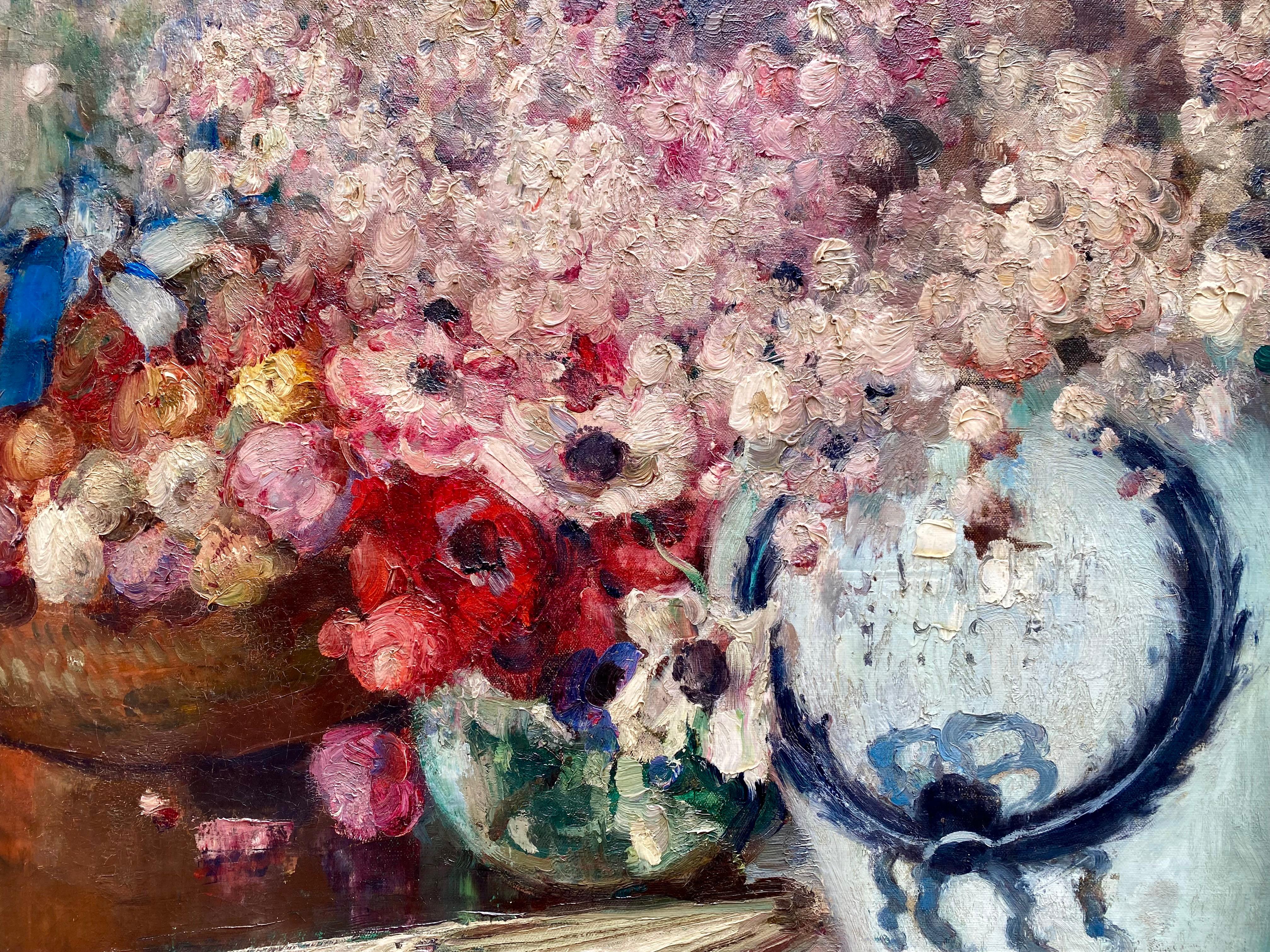 'Still Life with Flowers in a Vase and Fan' by Fernand Toussaint ( 1873 – 1956 ) For Sale 2