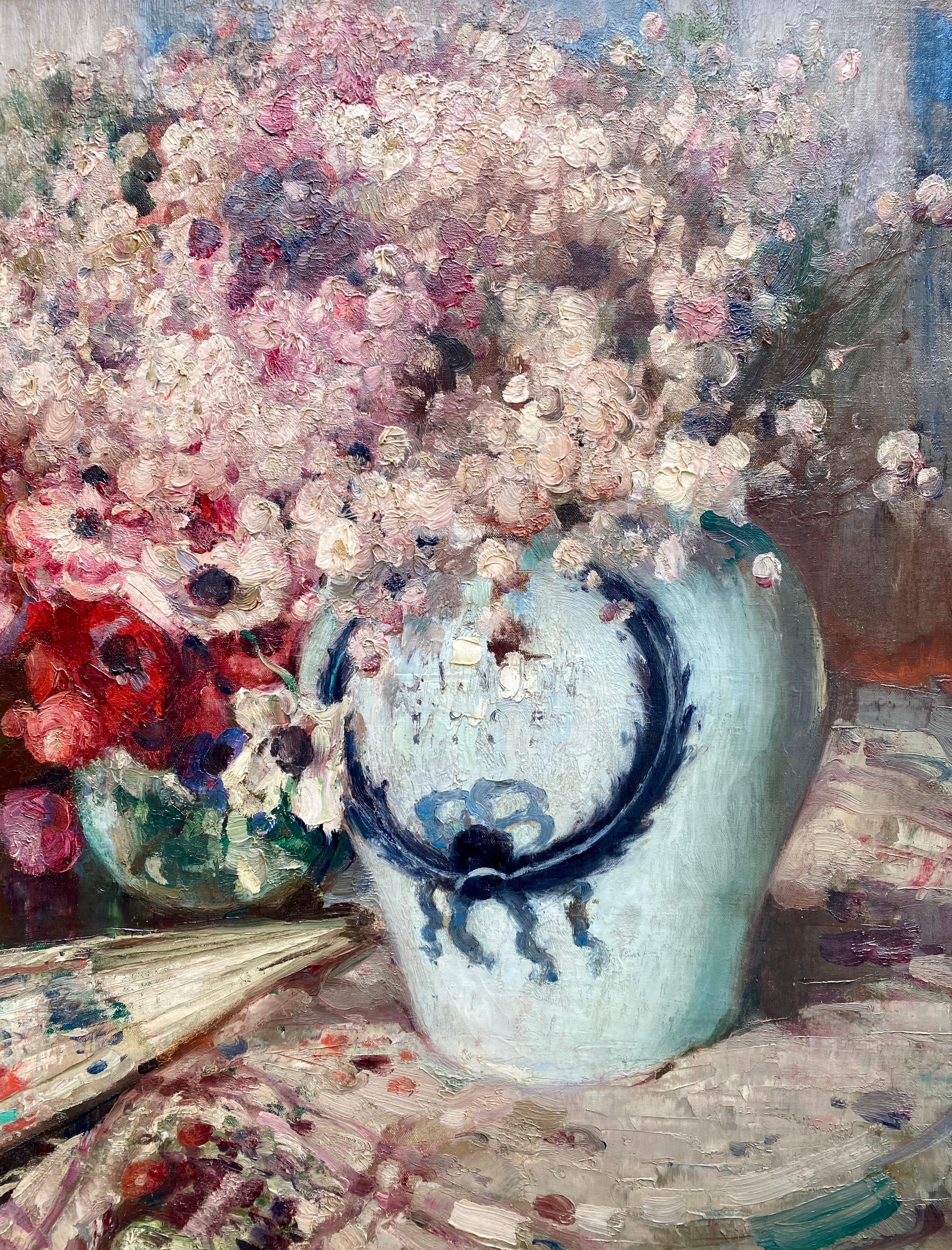 'Still Life with Flowers in a Vase and Fan' by Fernand Toussaint ( 1873 – 1956 ) For Sale 4