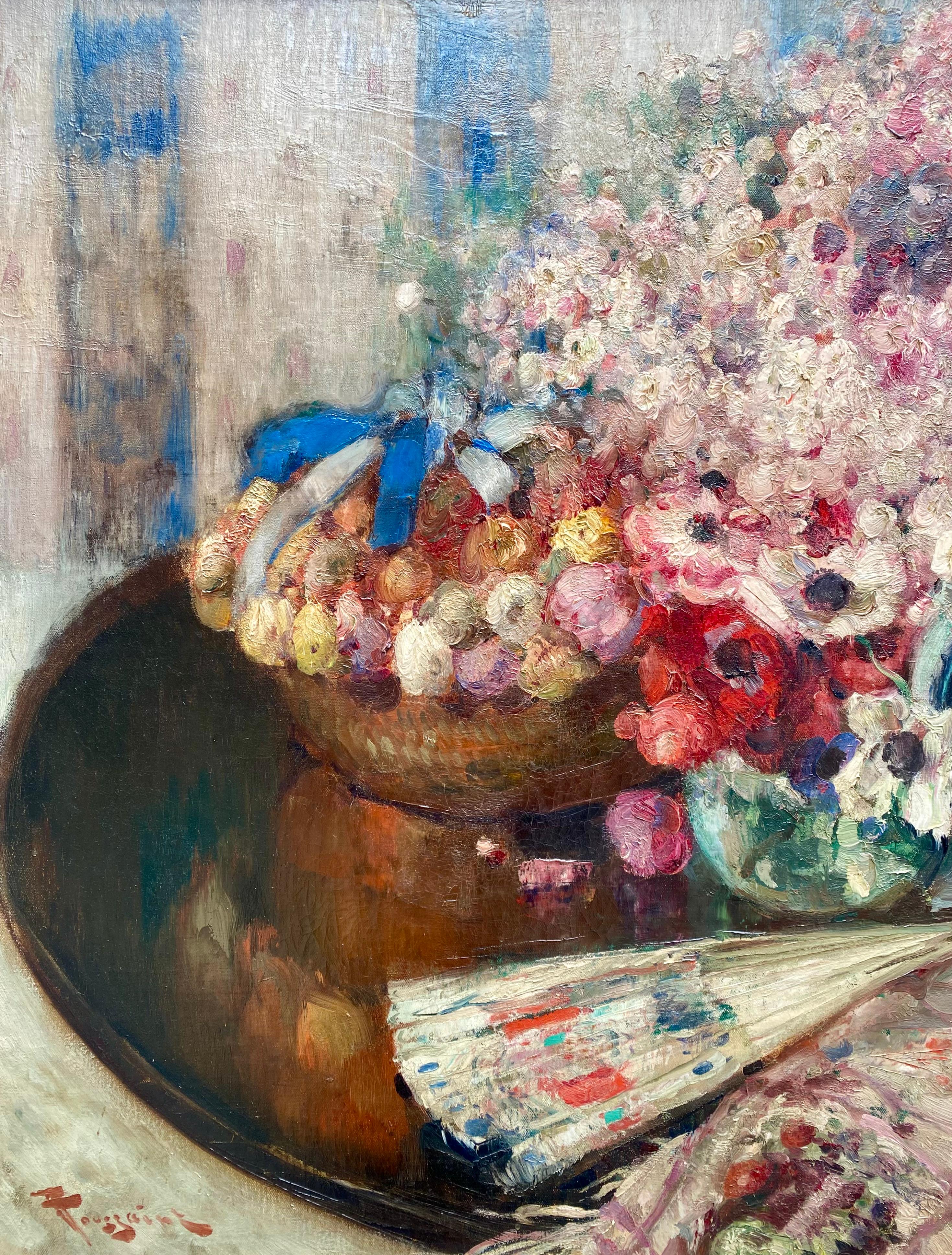 'Still Life with Flowers in a Vase and Fan' by Fernand Toussaint ( 1873 – 1956 ) For Sale 6