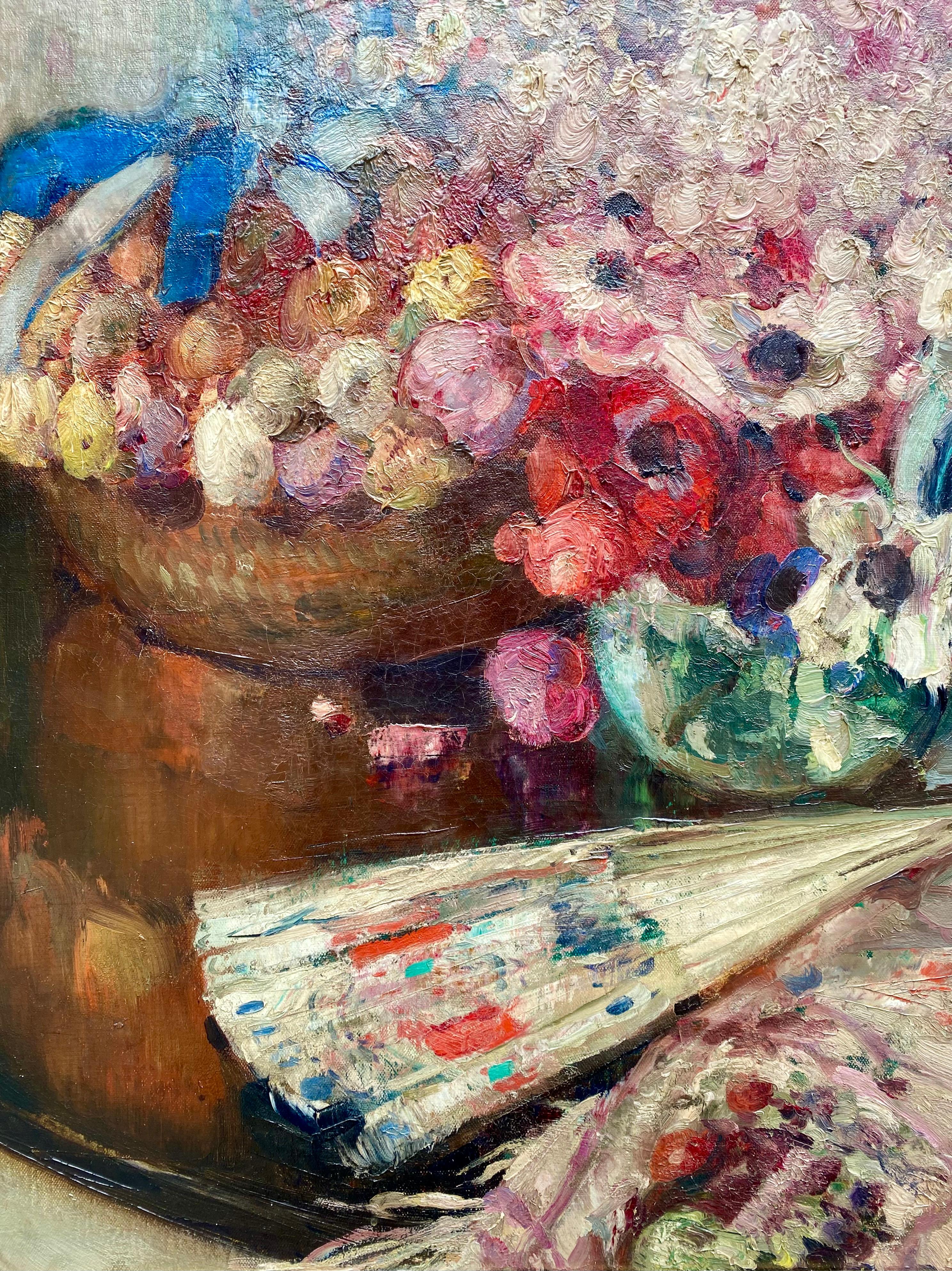 'Still Life with Flowers in a Vase and Fan' by Fernand Toussaint ( 1873 – 1956 ) For Sale 7