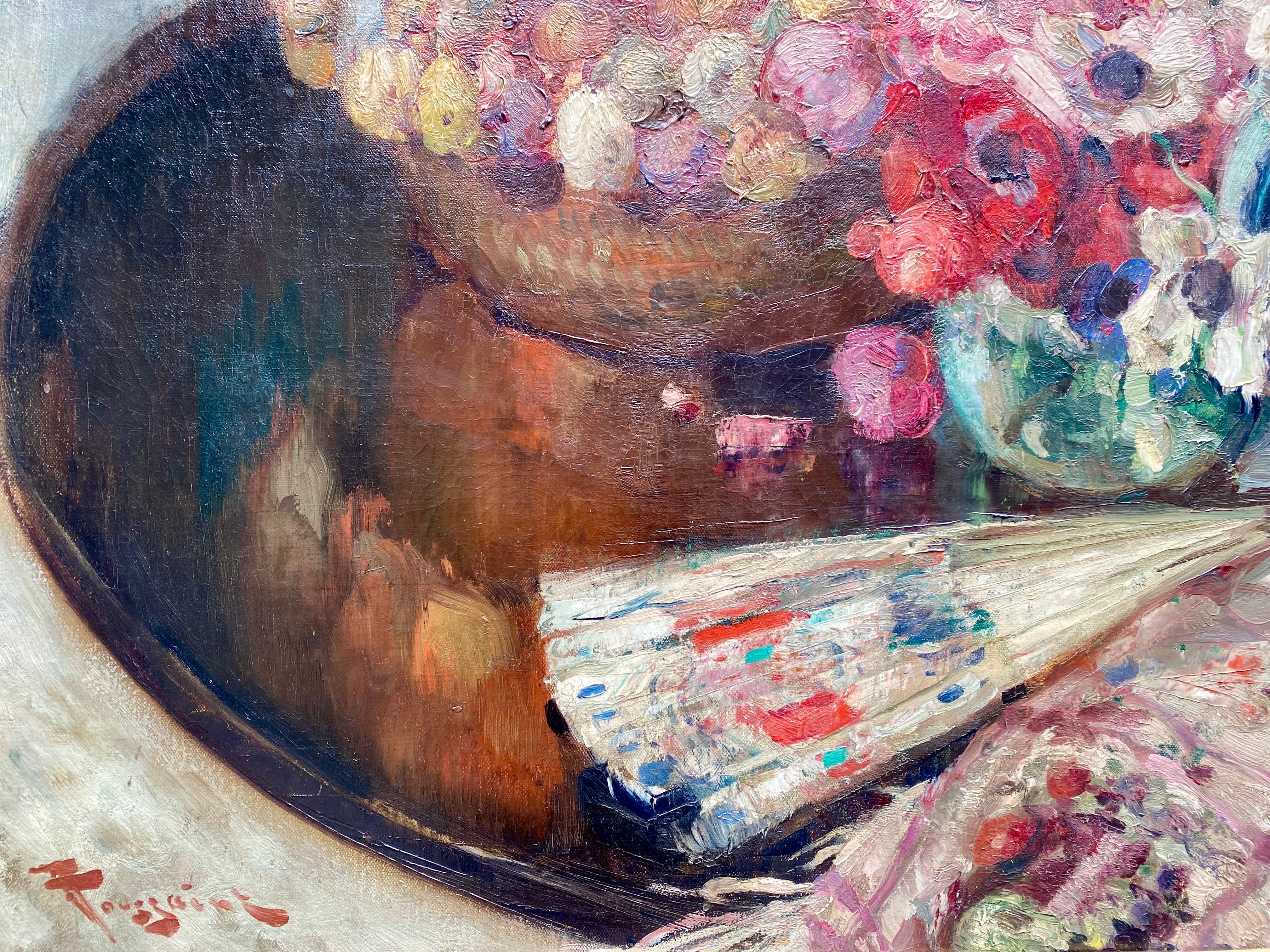 'Still Life with Flowers in a Vase and Fan' by Fernand Toussaint ( 1873 – 1956 ) For Sale 8