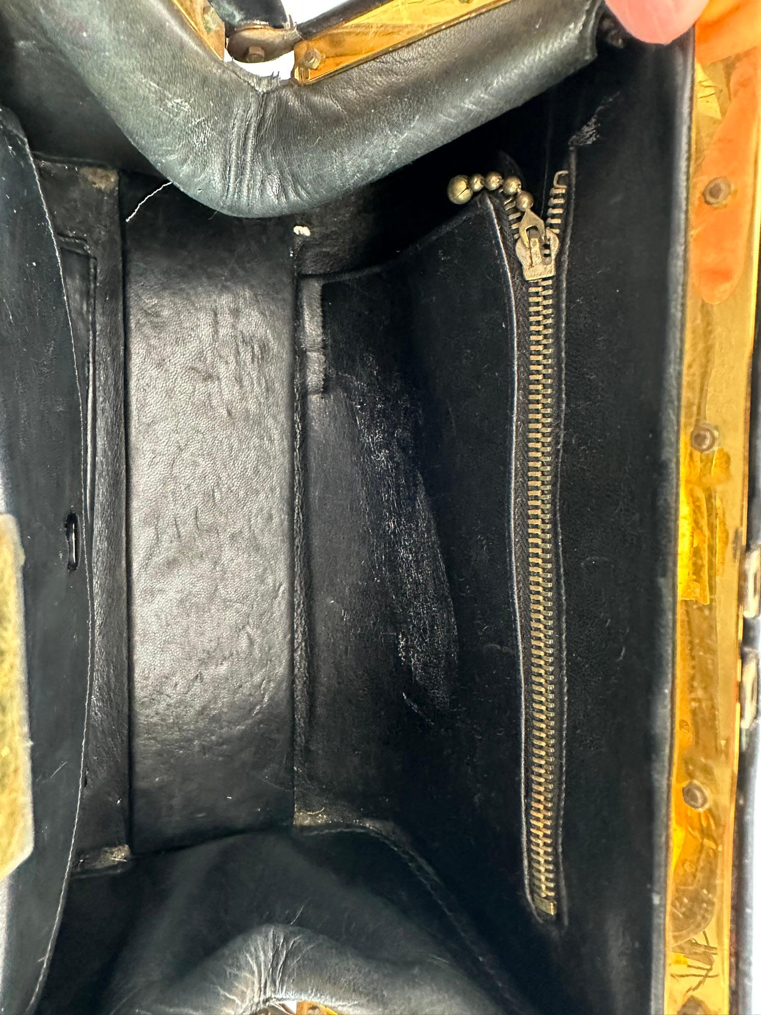 Fernande DesGranges Paris Chocolate Brown Leather GH Watch & Chain Handbag 1950s en vente 9