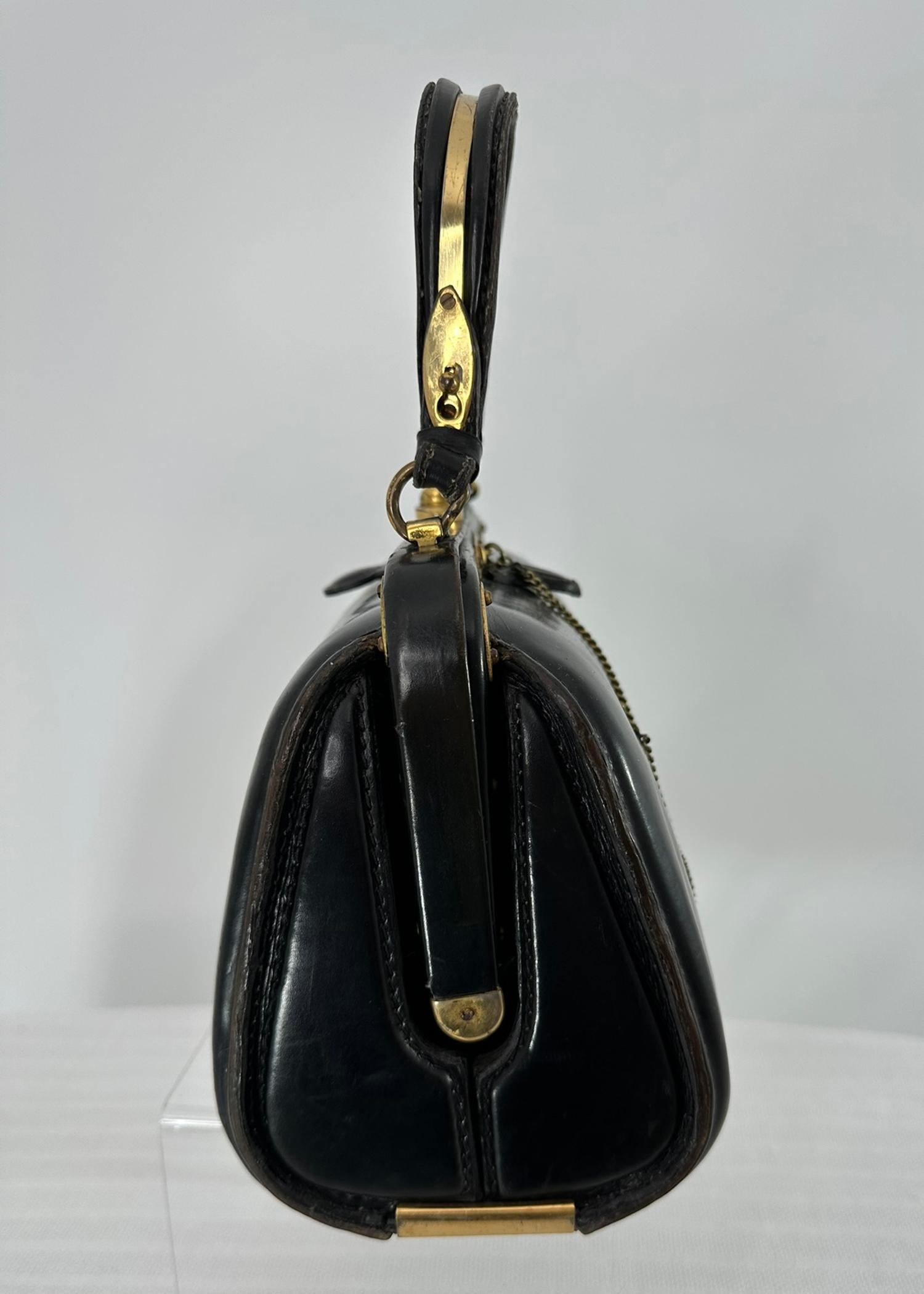 Fernande DesGranges Paris Chocolate Brown Leather GH Watch & Chain Handbag 1950s en vente 2