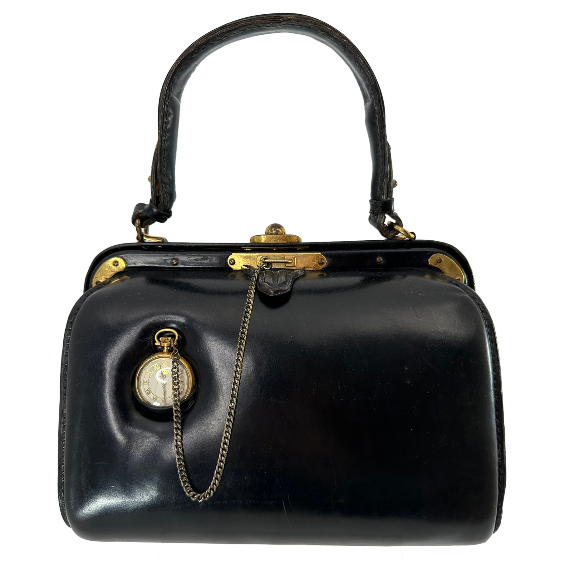 Fernande DesGranges Paris Chocolate Brown Leather GH Watch 
Chain Handbag 1950s en vente