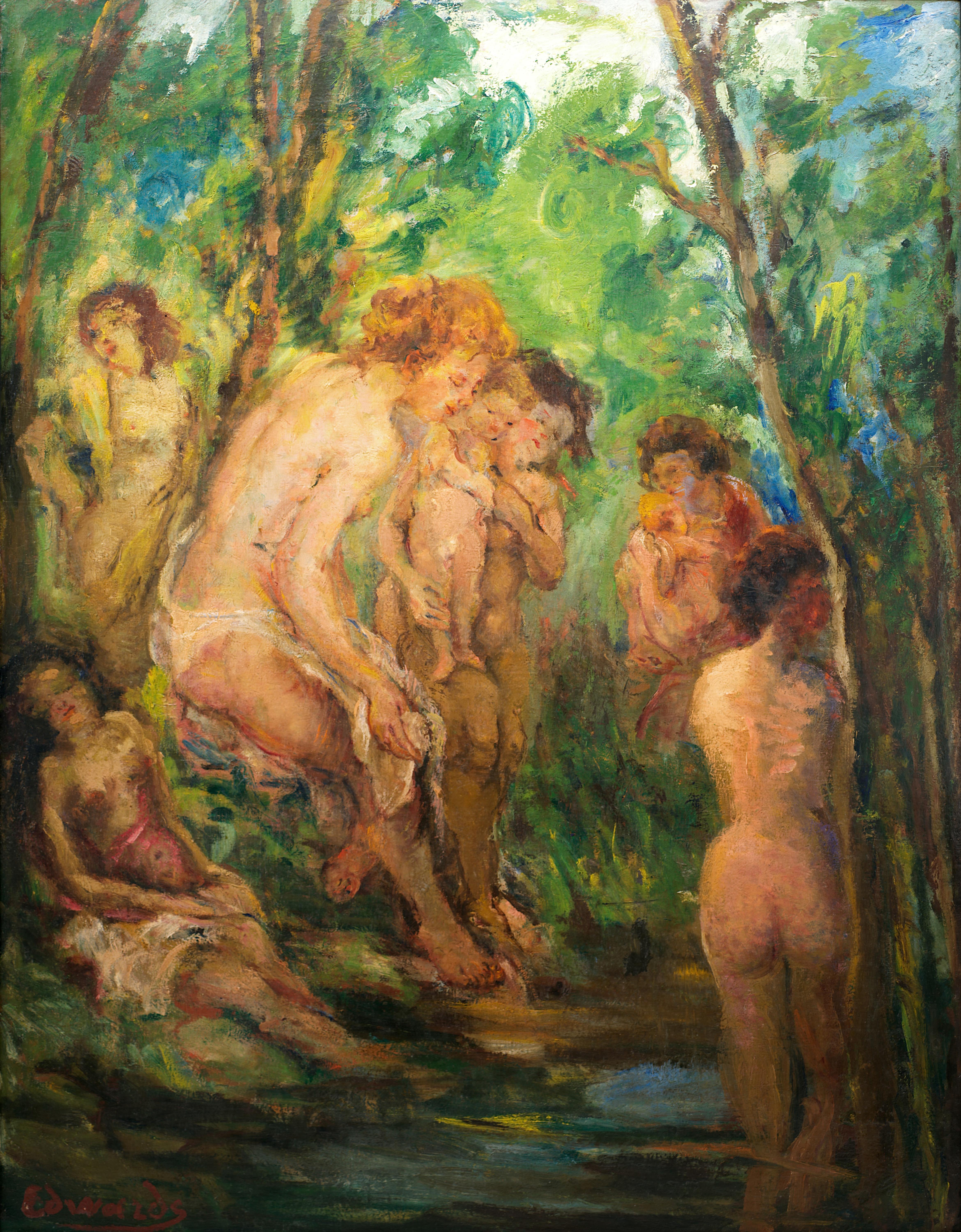Fernande Horovitz-Edwards, Bathers, Large Oil on Canvas, 1930s For Sale 1