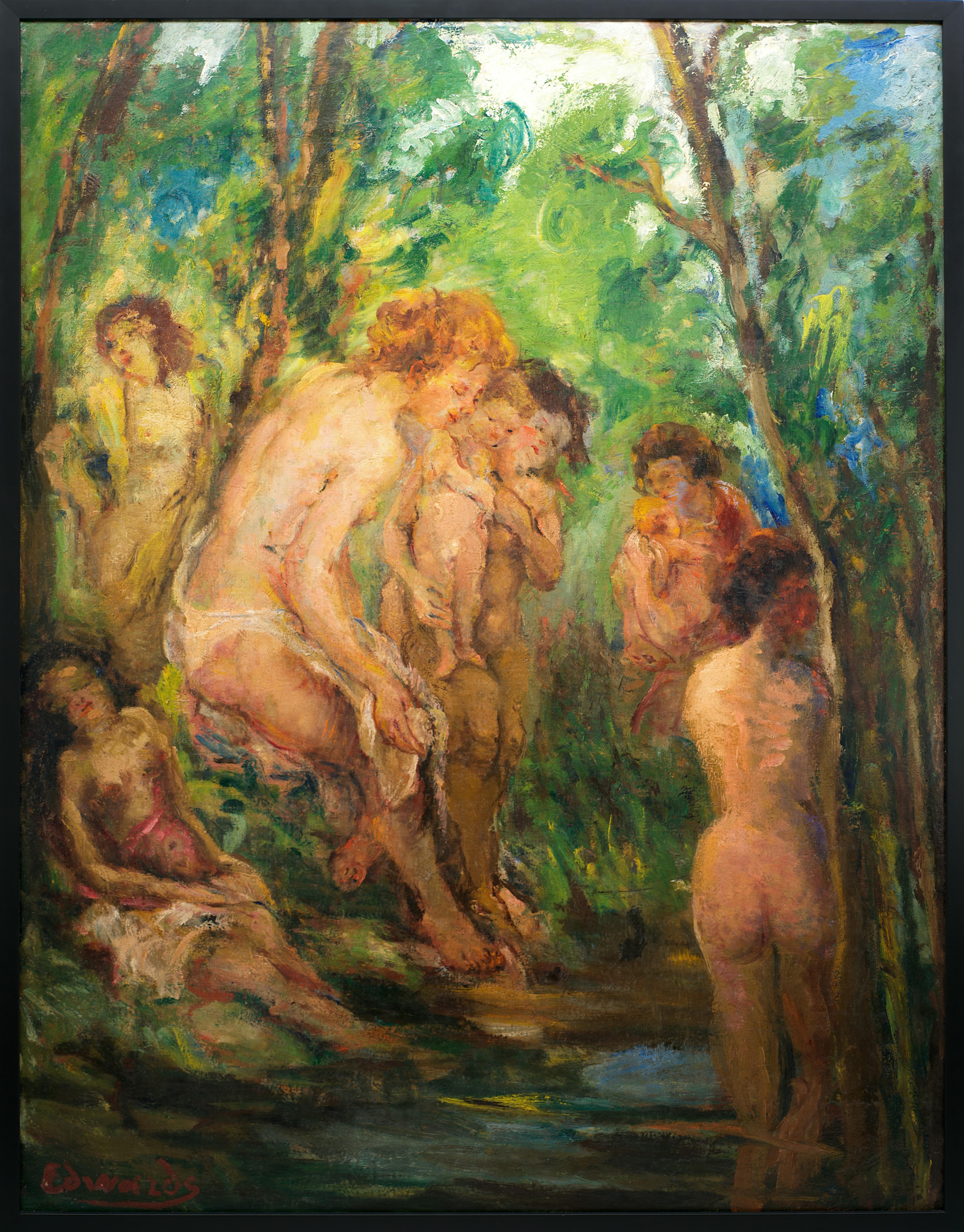 Large oil on canvas by Fernande Horovitz-Edwards, France, 1930s. "Bathers". With frame: 117,5x90x4 cm - 46.3x35.4x1.6 inches. Without frame: 114x87 cm - 44.9x34.25 inches. Signed lower left "Edwards". The canvas rolled originally given its