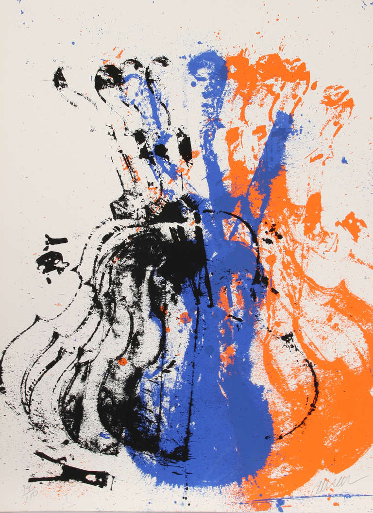 Künstler:  Arman, Franzose (1929 - 2005)
Titel:  Gepresste blaue Geige
Jahr:  1979
Medium:  Siebdruck, signiert und nummeriert mit Bleistift
Auflage:  150
Größe:  30 Zoll x 22 Zoll (76,2 cm x 55,88 cm)