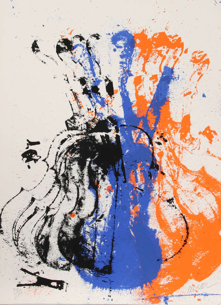 Artist:  Arman, French (1929 - 2005)
Title:  Squeezed Blue Fiddle
Year:  1979
Medium:  Screenprint, signed and numbered in pencil
Edition:  150
Size:  30 in. x 22 in. (76.2 cm x 55.88 cm)