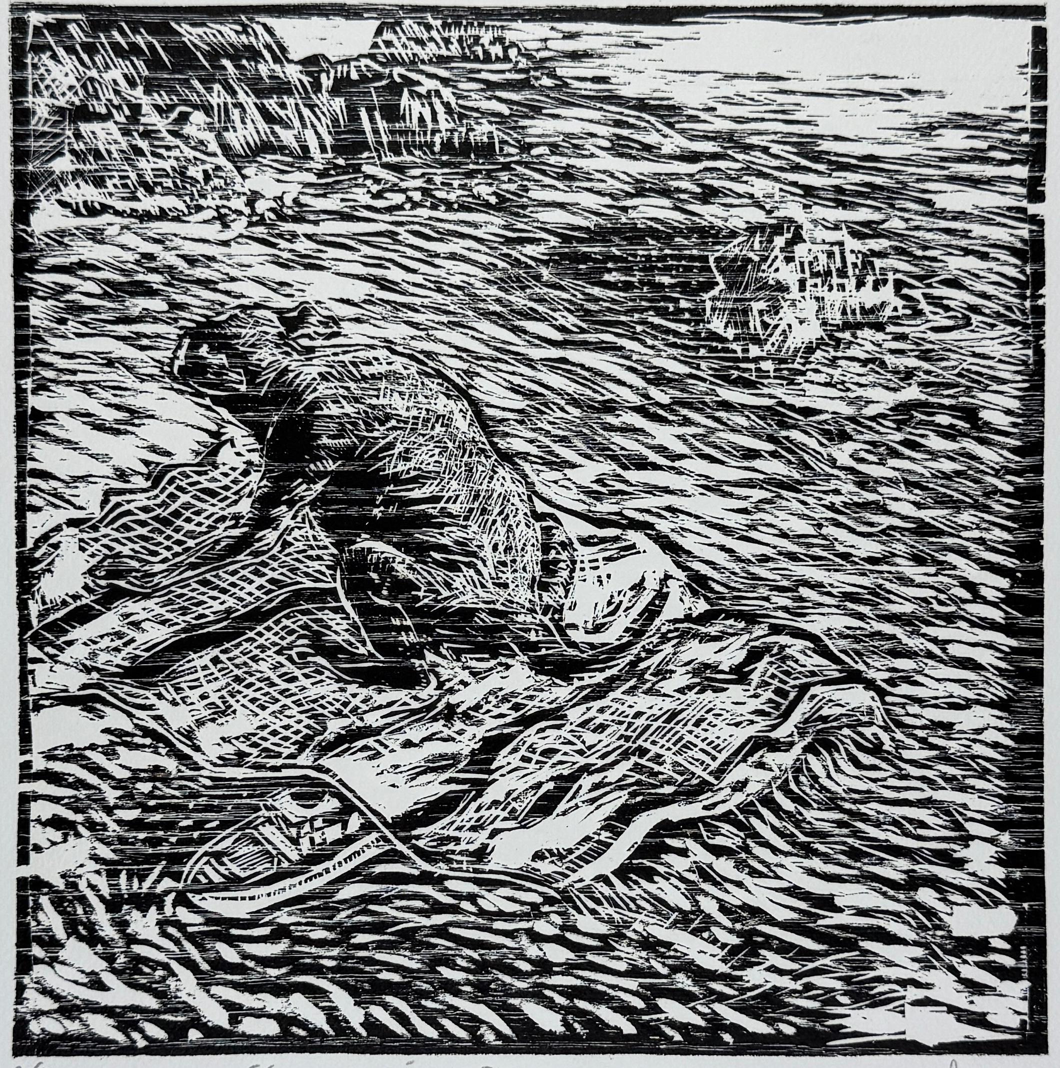 „Der Hund kam wieder heraus“ 2007 Original-Holzschnitt signiert 17x23 in. Mexikanischer Humor – Print von Fernando Aceves Humana