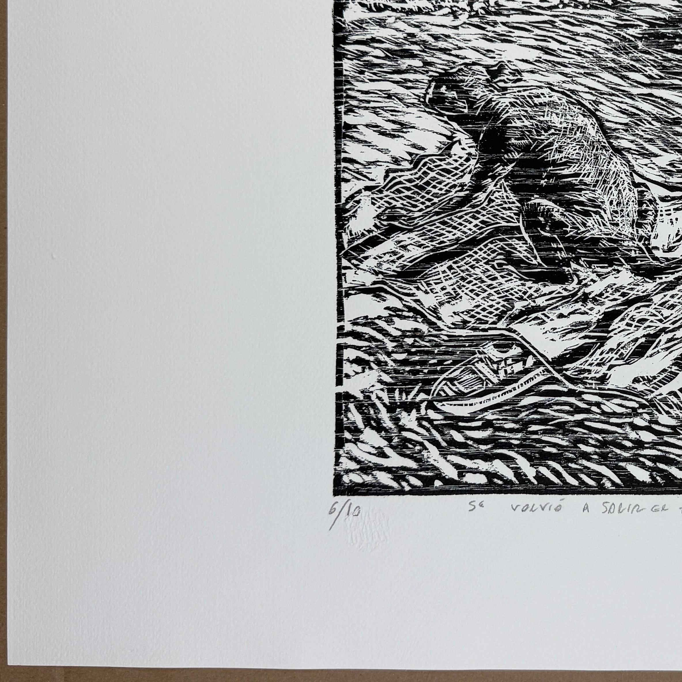 „Der Hund kam wieder heraus“ 2007 Original-Holzschnitt signiert 17x23 in. Mexikanischer Humor (Grau), Animal Print, von Fernando Aceves Humana
