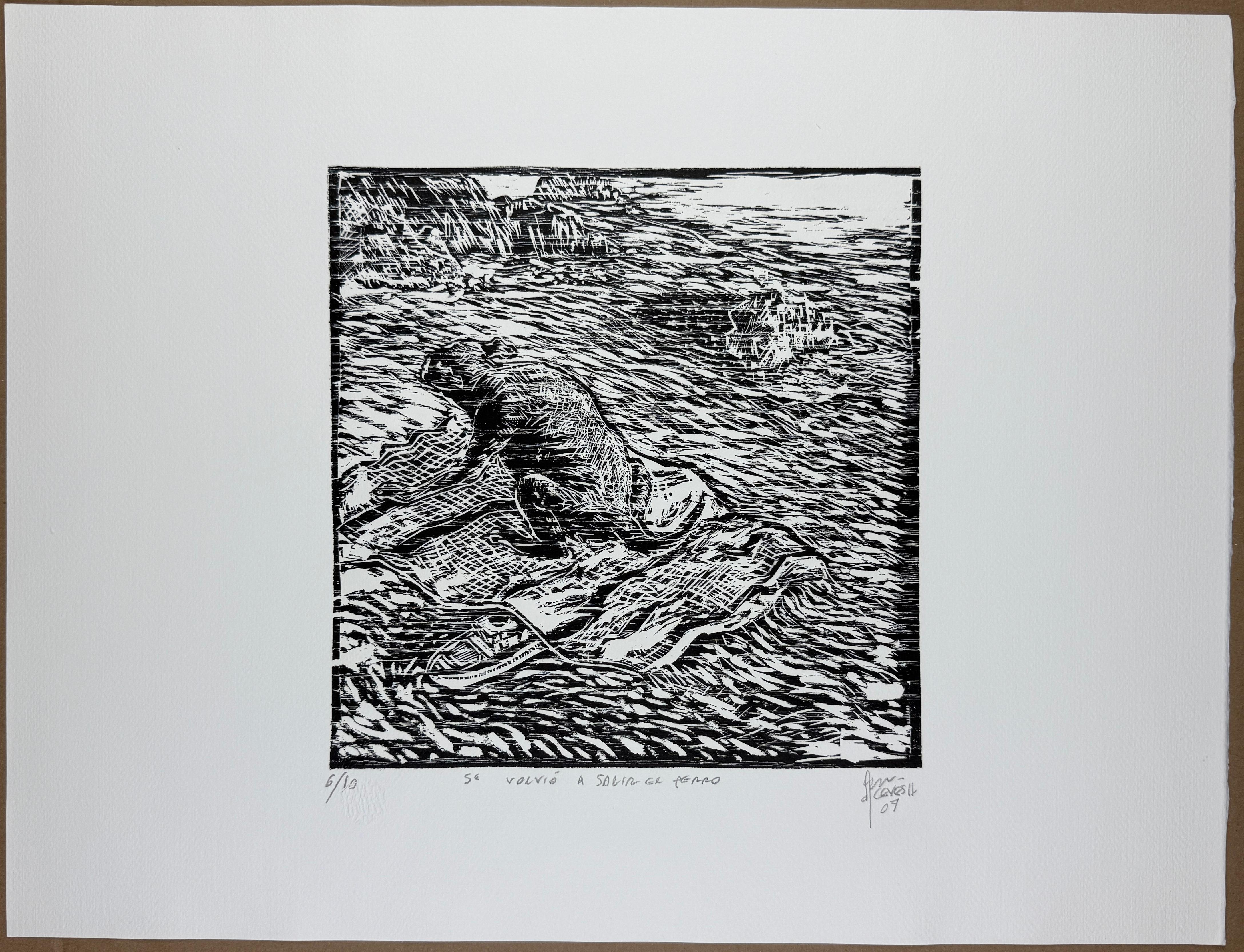 Fernando Aceves Humana Animal Print – „Der Hund kam wieder heraus“ 2007 Original-Holzschnitt signiert 17x23 in. Mexikanischer Humor