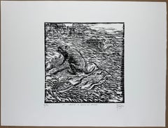"The dog came out again" 2007 original woodcut signed 17x23 in. Mexican humor