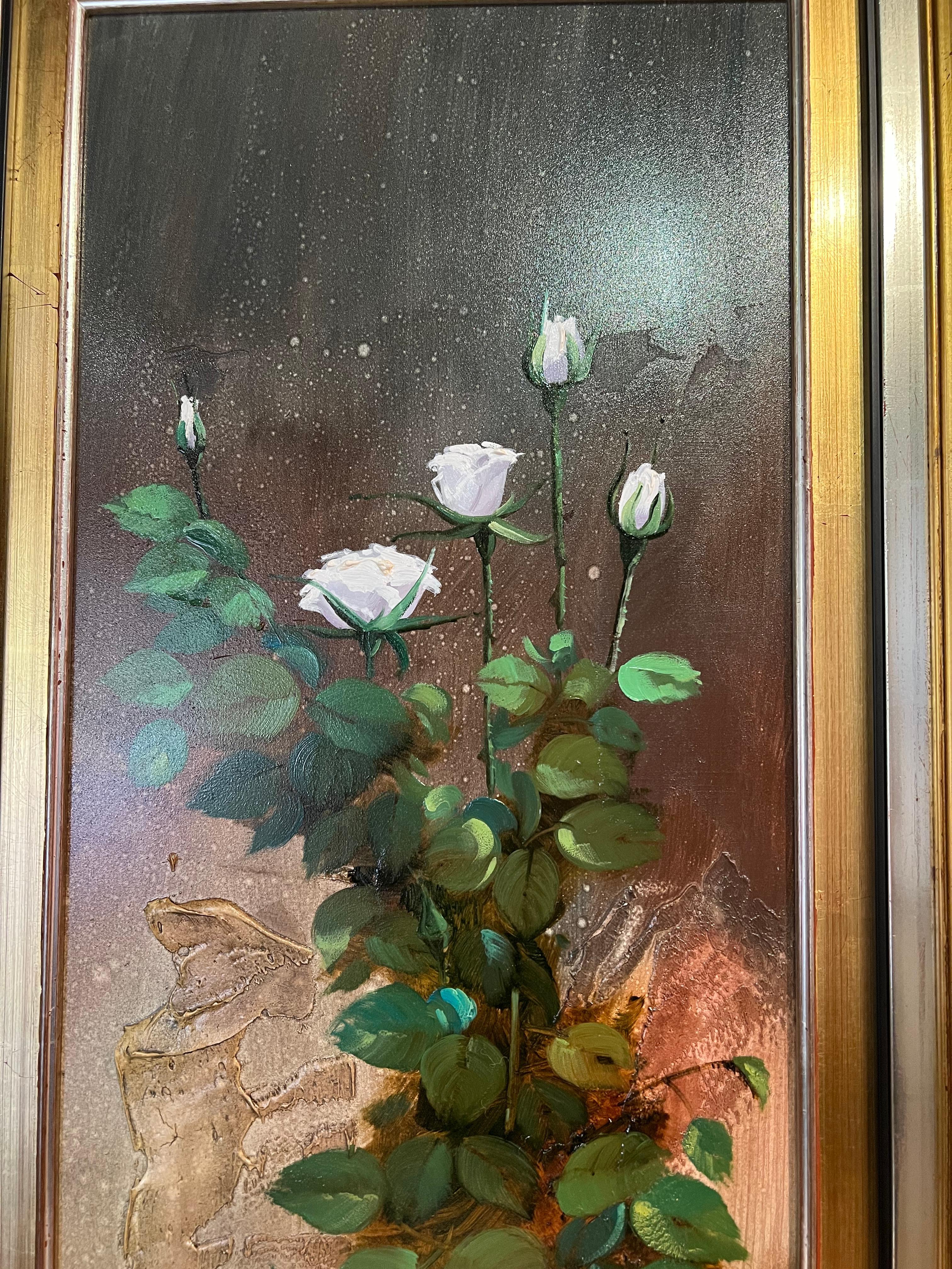 Roses growing on Stucco Wall - Painting by Fernando Alcaraz